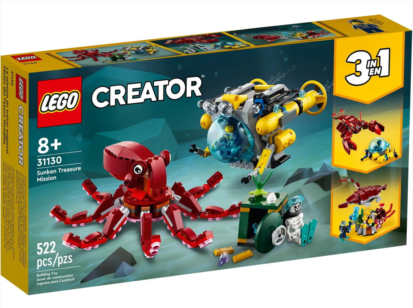 LEGO Creator 31130 Sunken Treasure Mission Submarine 3 in 1 Toy 8+ (522 Pieces)