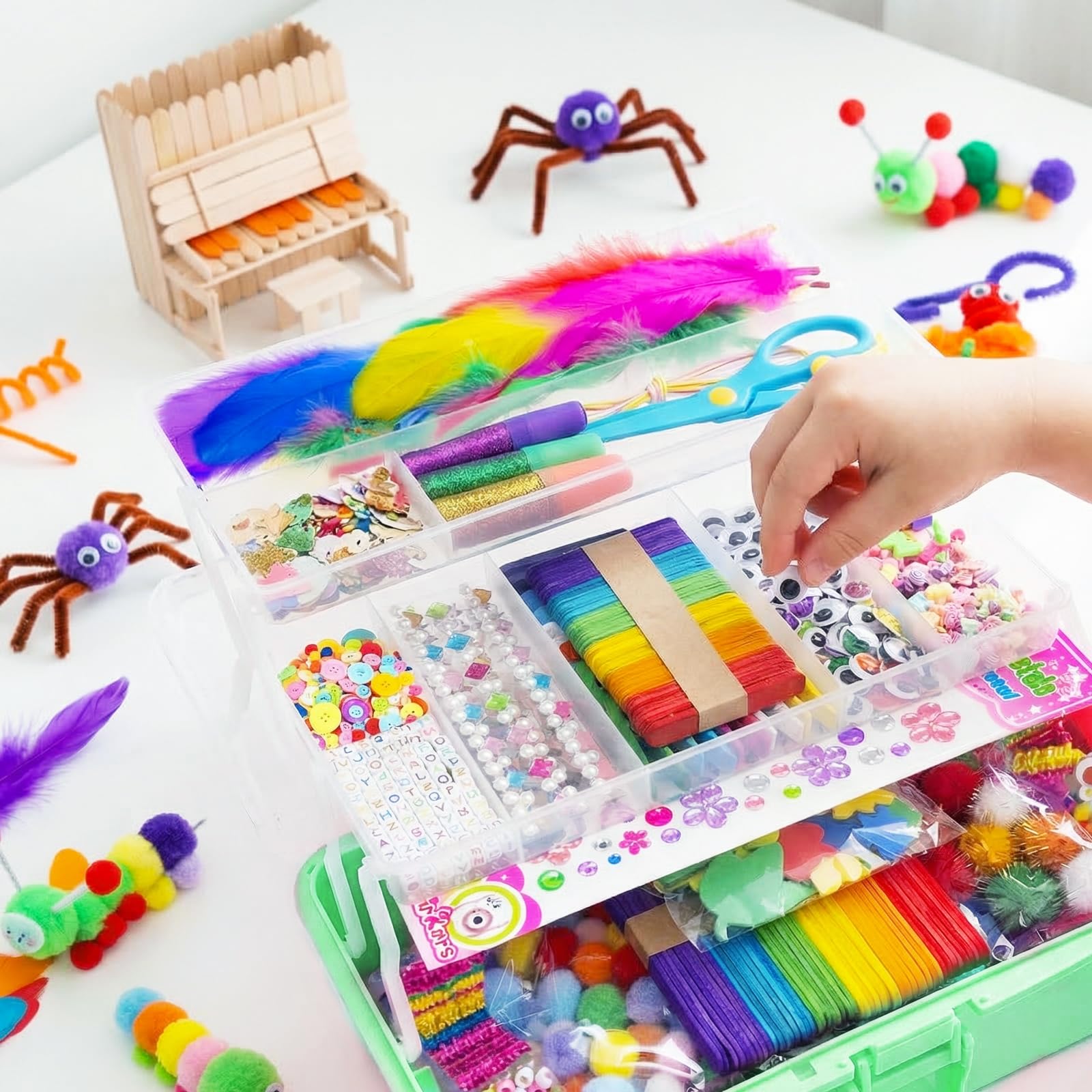 Bobbie Art Arts & Crafts Box - 3000+ pcs Deluxe Craft Supplies Box Green - Art Crafting Kit Birthday Gifts for Kids, School Supply for Ages 4-12