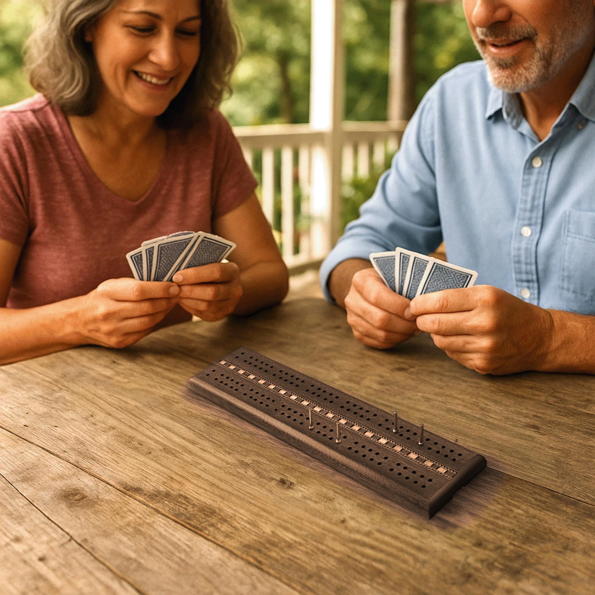 Sterling Games Wooden Cribbage 12 inch Double Track Cribbage Board with Rich Italian Inlaid for 2 Players Playing Cards Included