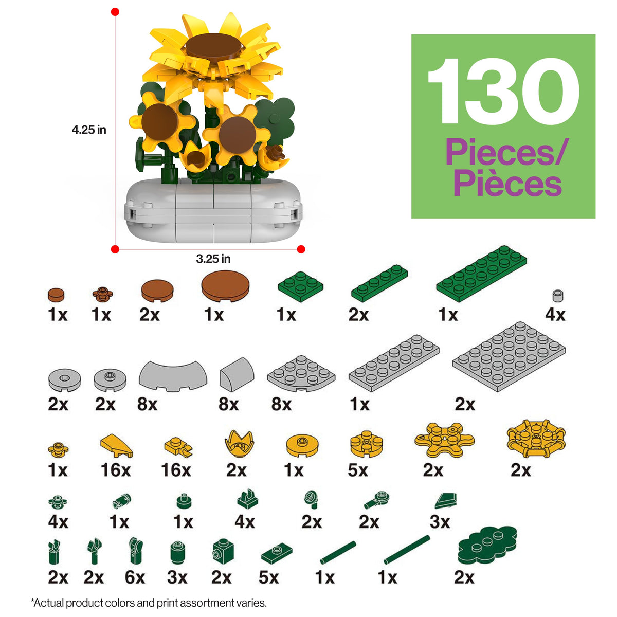 PicassoTiles 130pc STEM Sunflower Building Brick Block Set with Vase Flower Craft Toy for Kids Ages 3+ Educational Learning and Creative Activity