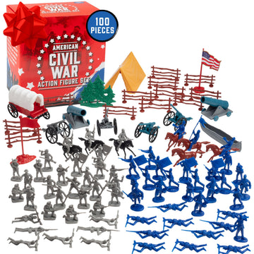 Civil War Army Men Toy Soldier Action Figure Playset-100pcs Including Confederate & Union Soldiers, Cannons, Wagons, Rideable Horses, Terrain