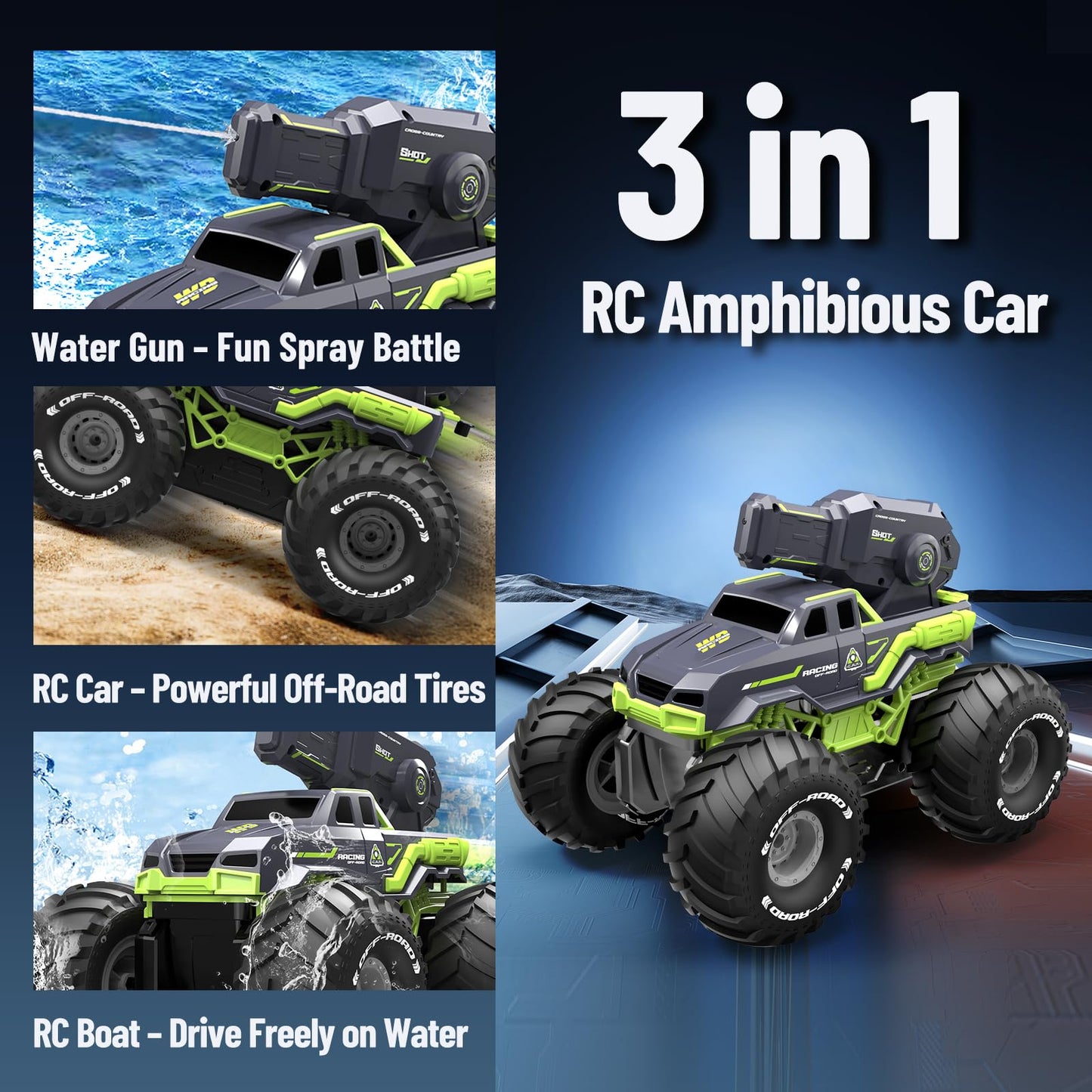 MOMONOVA 3-in-1 Amphibious Remote Control Car RC Boat with Water Gun, Waterproof RC Monster Truck for Kids 4-7 8-12, 4WD All-Terrain Remote Control