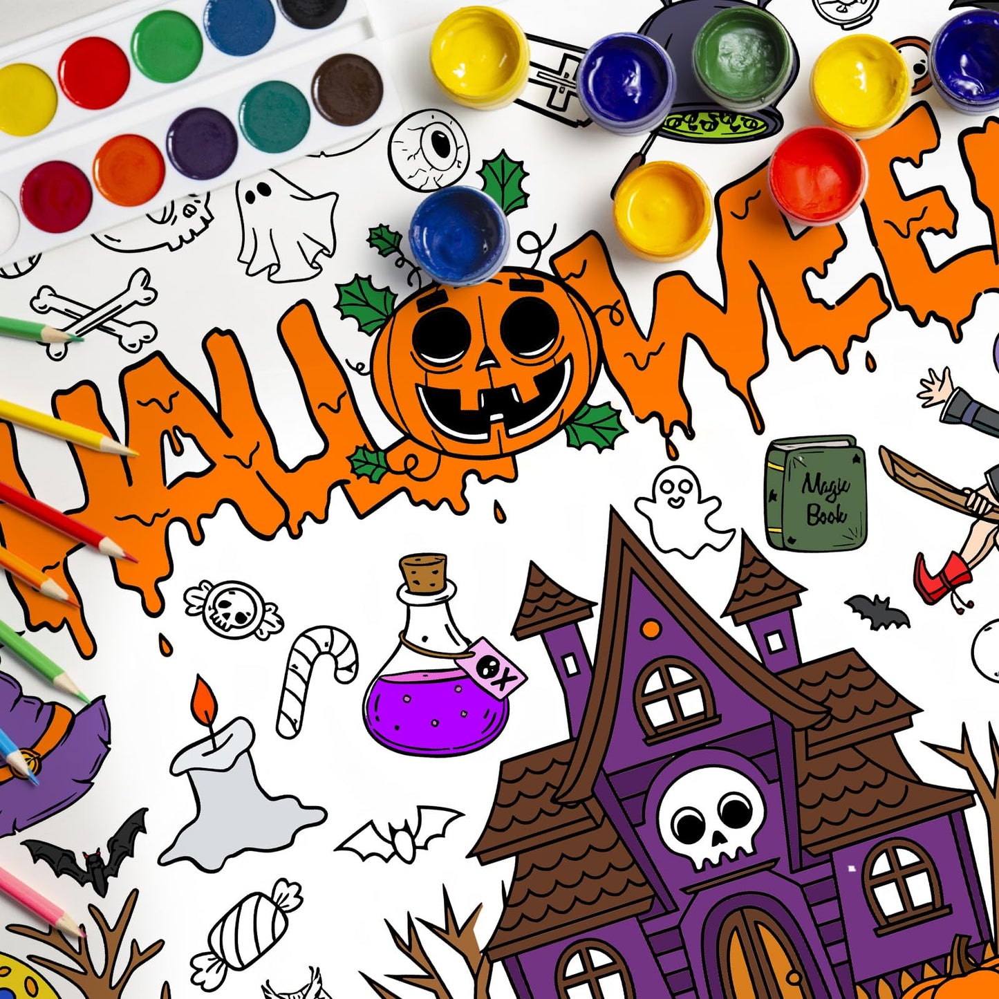 Halloween Coloring Poster Tablecloth - 51 x 30 Inch Giant DIY Paper Banner with Trick-or-Treat, Pumpkin, and Witch Designs - Fun Color-In Activity