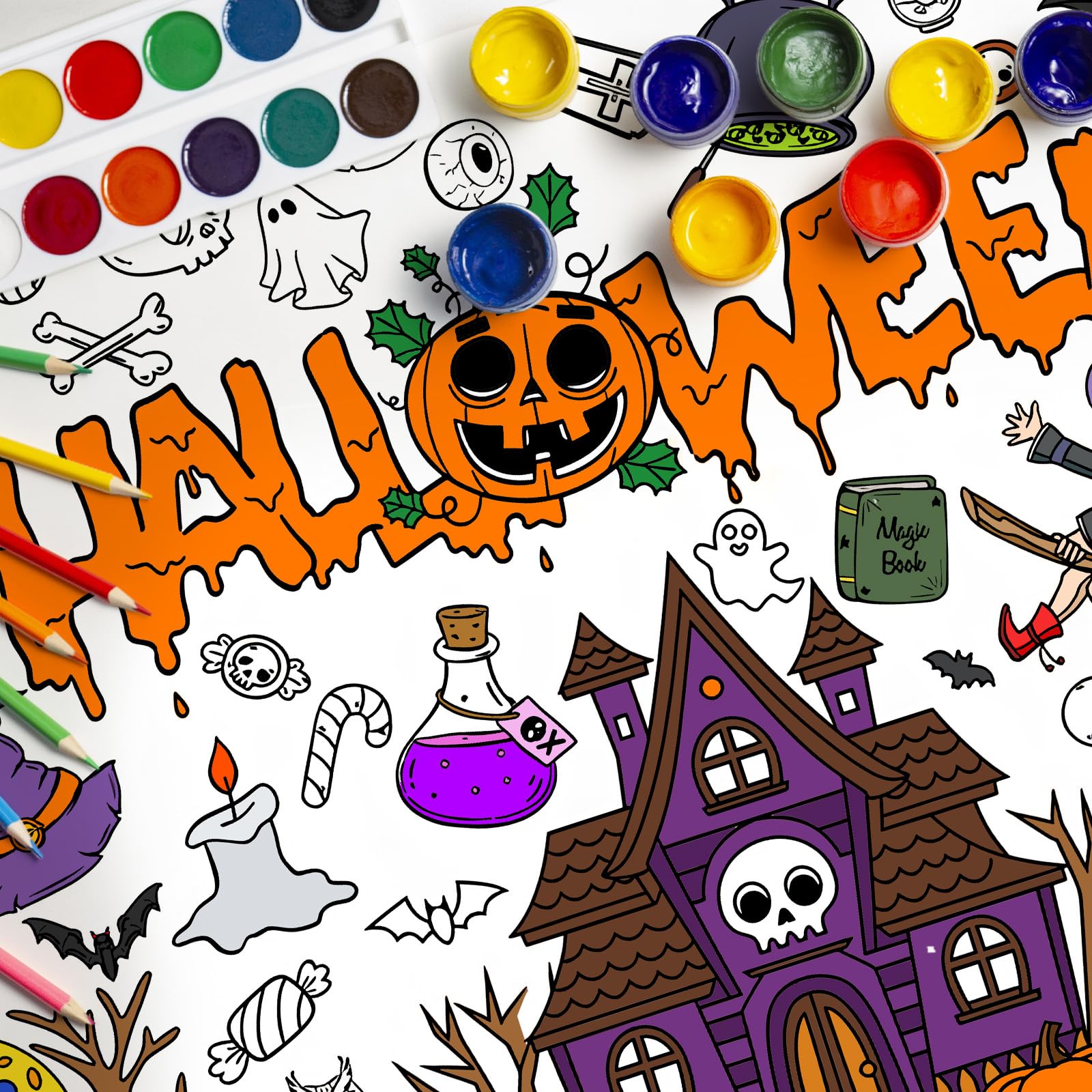 Halloween Coloring Poster Tablecloth - 51 x 30 Inch Giant DIY Paper Banner with Trick-or-Treat, Pumpkin, and Witch Designs - Fun Color-In Activity