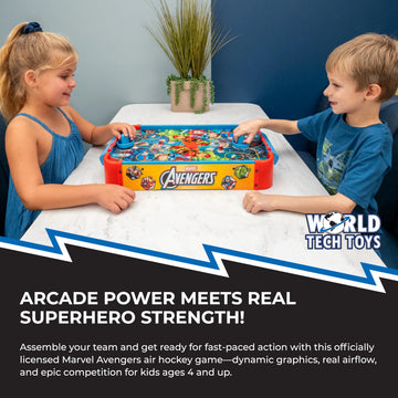 Marvel Avengers Air Hockey Table for Kids - Wooden Tabletop Game with Puck, Pushers & Air Flow System - Marvel Licensed - Kids 4+