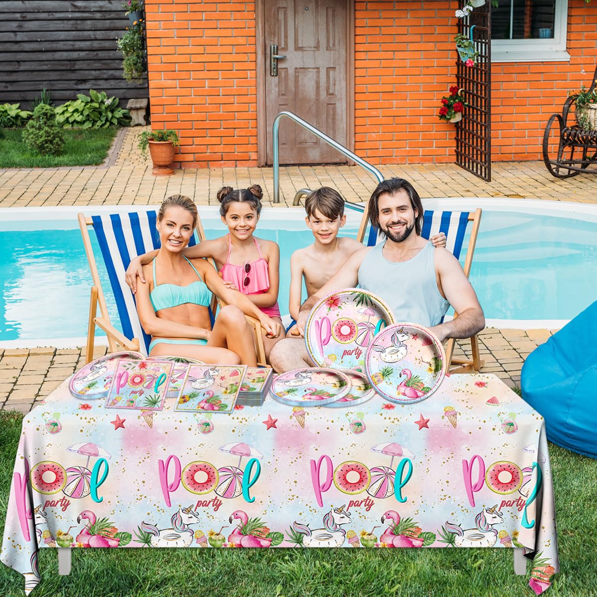 Pool Birthday Party Supplies - 61Pcs Pool Plate and Napkin Tablecloth Summer Pool Flamingo Theme Table Decoration for Summer Birthday,Beach Party