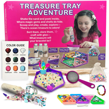 Kids Jewelry Making Kit - Treasure Hunt Dig Craft Kit - Make Bracelets & Necklaces - 1,300+ Beads, Gems & Shells - Sorting Trays, Tools & Color Guide