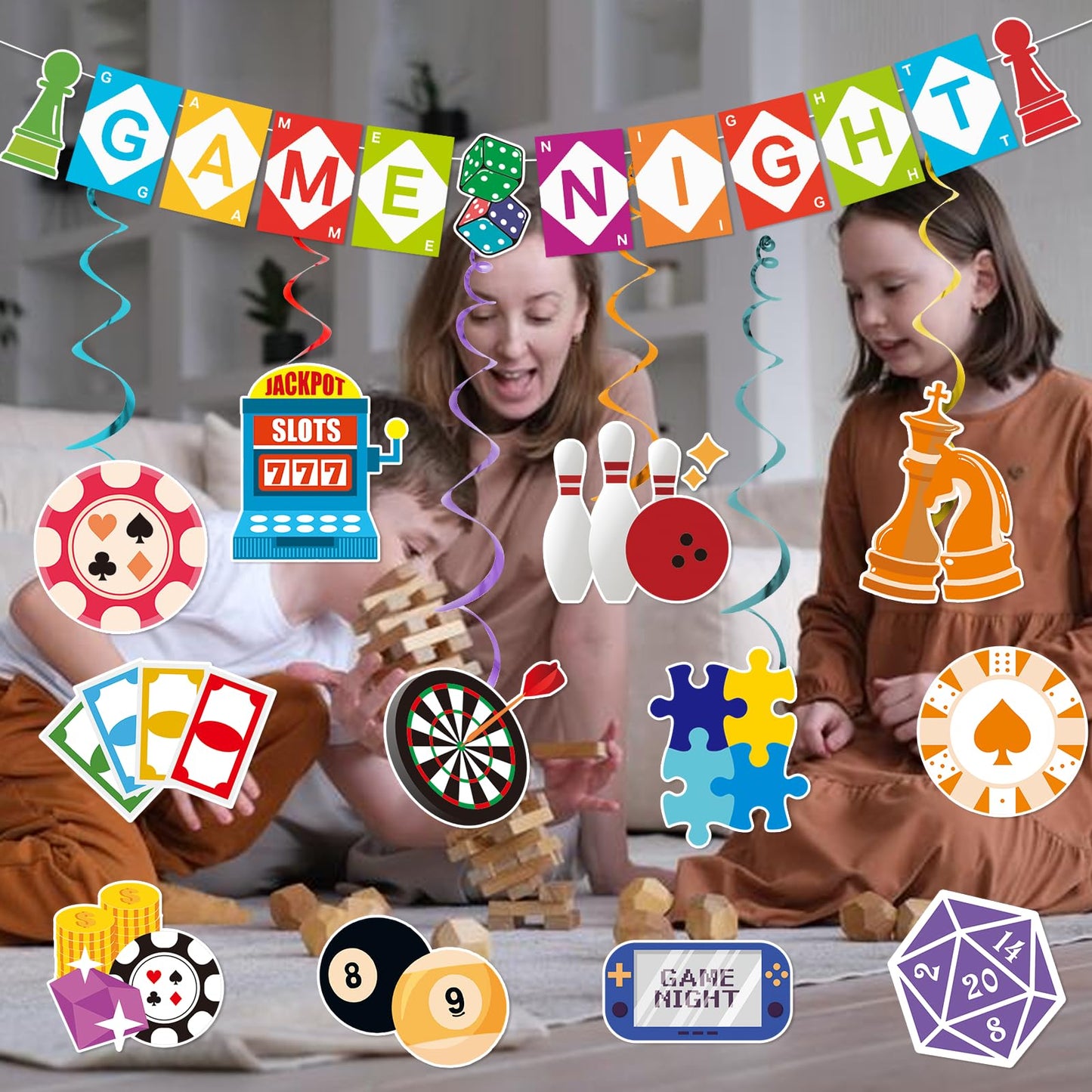 Game Night Decorations Funny Game Night Party Decorations with Chess Chess Card Game On Theme Banner Hanging Siwrls Ceiling Streamers Stickers