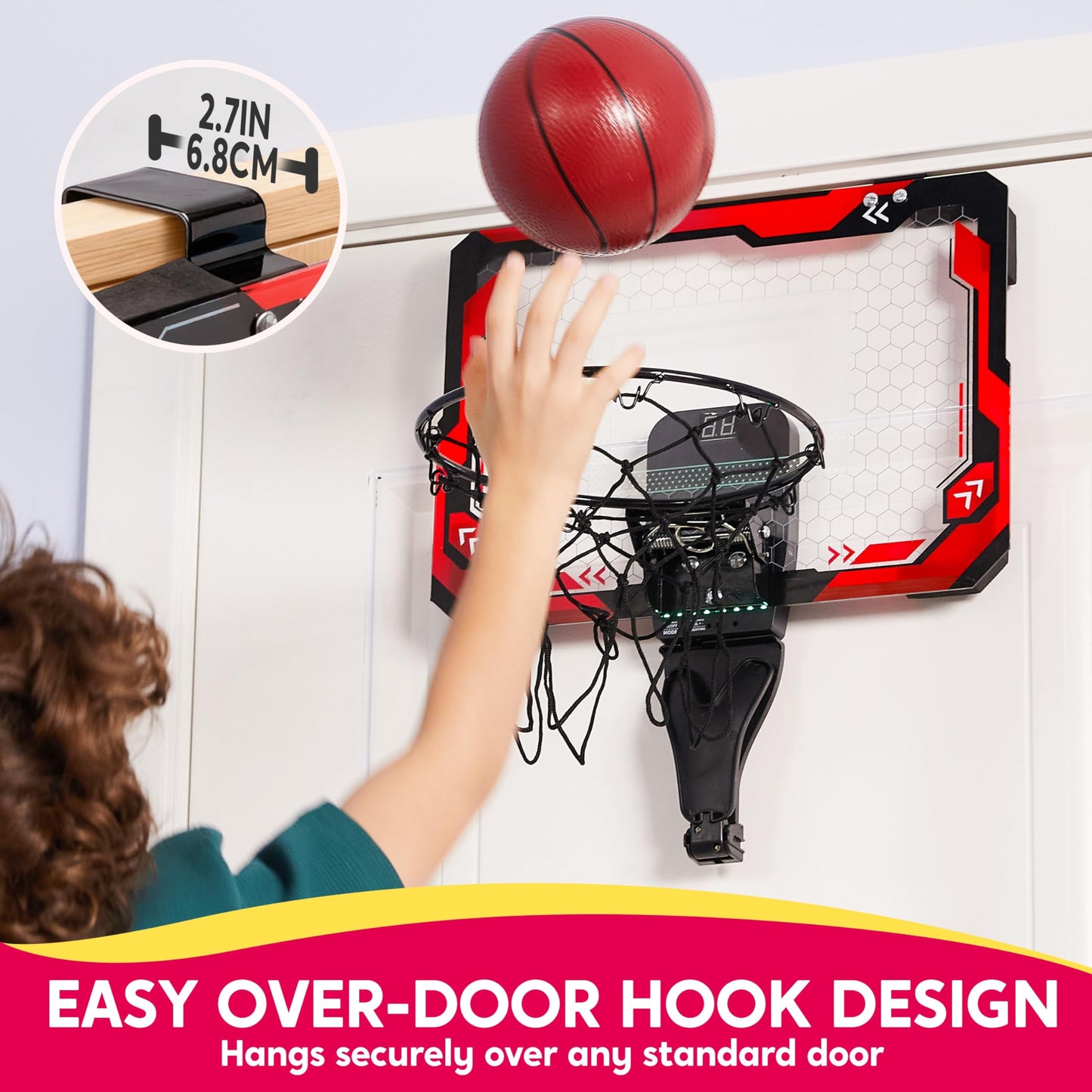 SYNCFUN Mini Basketball Hoop Over The Door, LED Indoor Basketball Hoop for Kids with Scoreboard & 4 Balls, Basket Ball Game Toys Gifts for Boys Ages 3