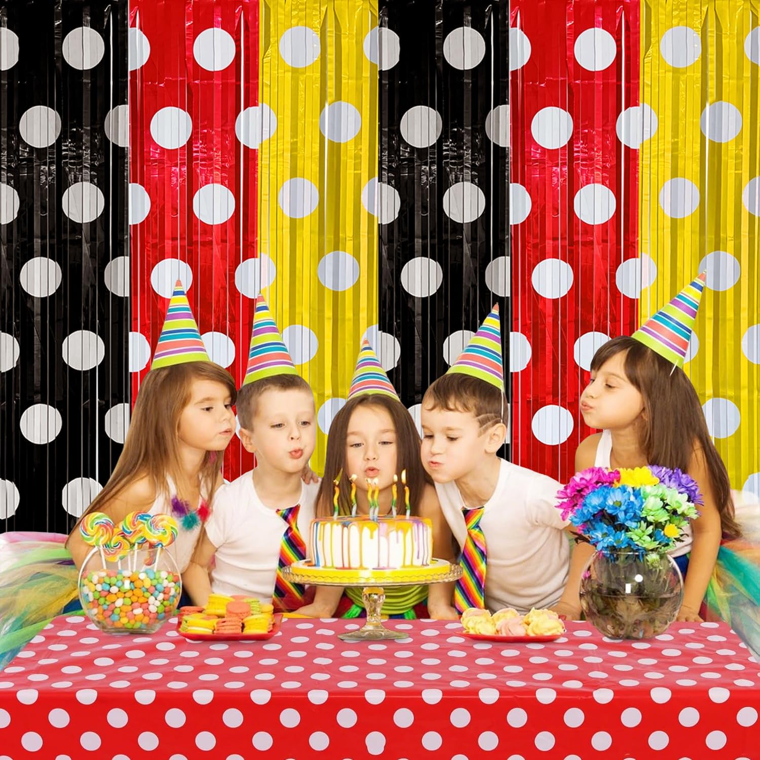 Red Black Yellow Foil Fringe Curtains Birthday Decorations, 2 Pack 3.2x6.6ft Mouse Color Tinsel Streamers Backdrop Baby Shower Cartoon Mouse Birthday