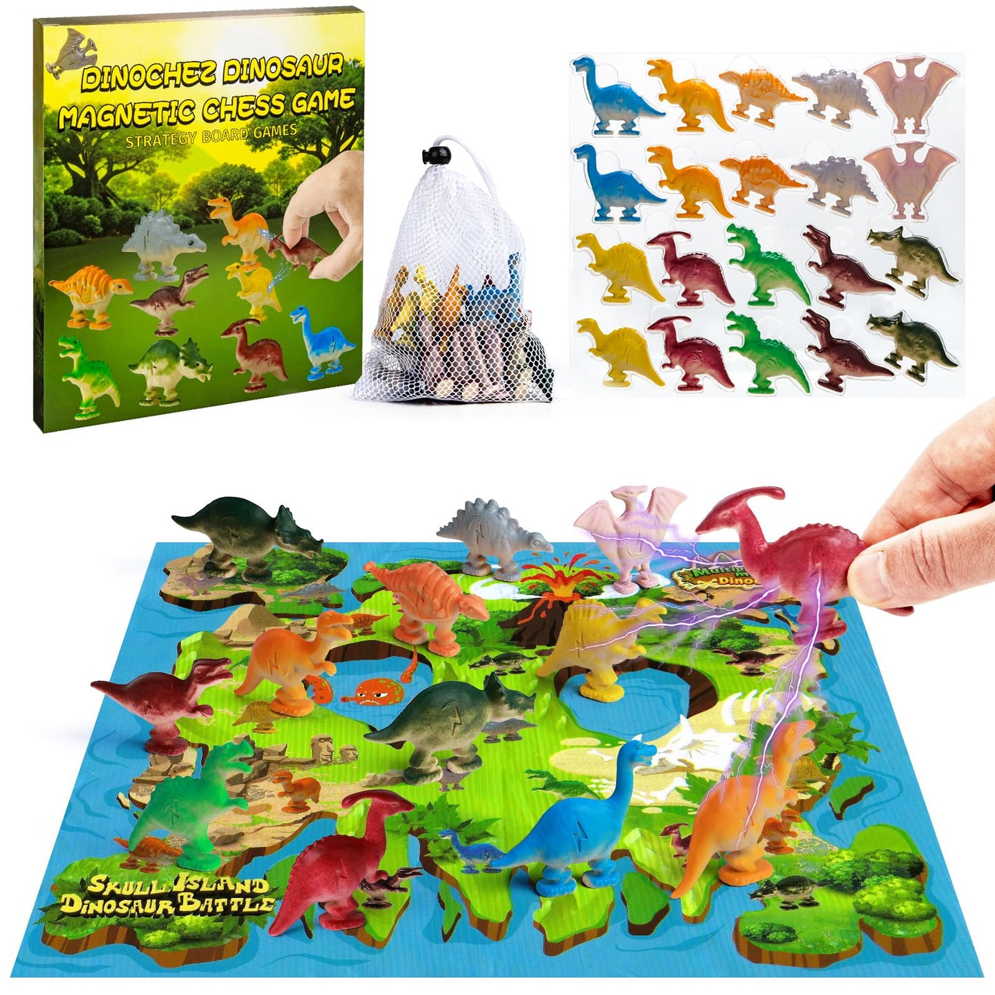 Dinosaur Magnet Chess Game,Magnetic Stones Game?Contains 20 Magnetic Dinosaurs, Exquisite Game mat&Travel Pouch??Magnetic Game for Gift & Family