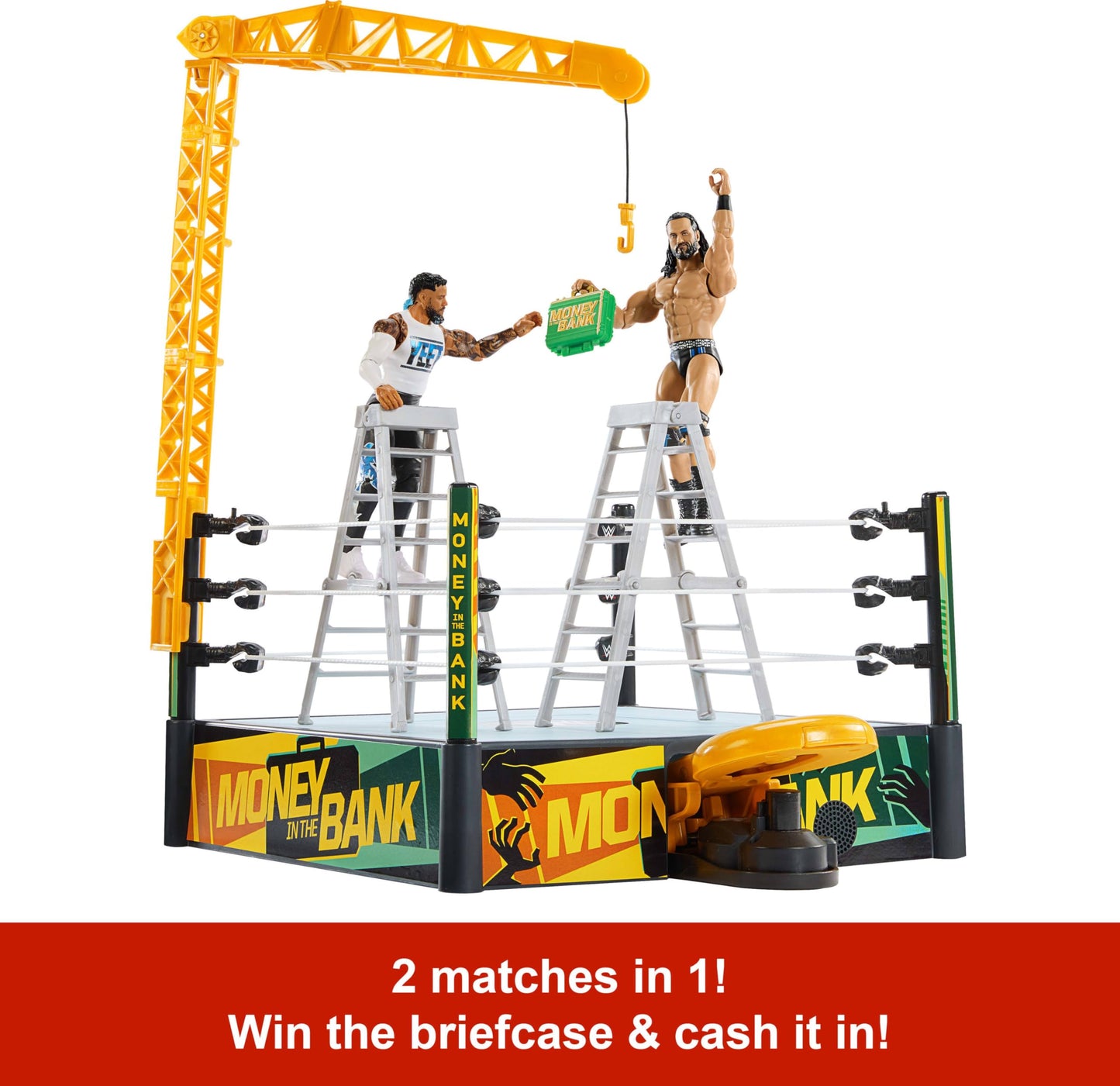 Mattel WWE Money in The Bank Cash-in Ring Playset with 2 Play Modes & 40+ Sounds & Phrases, Includes Launcher Crane, Ladders & Briefcase, 13-Inch x
