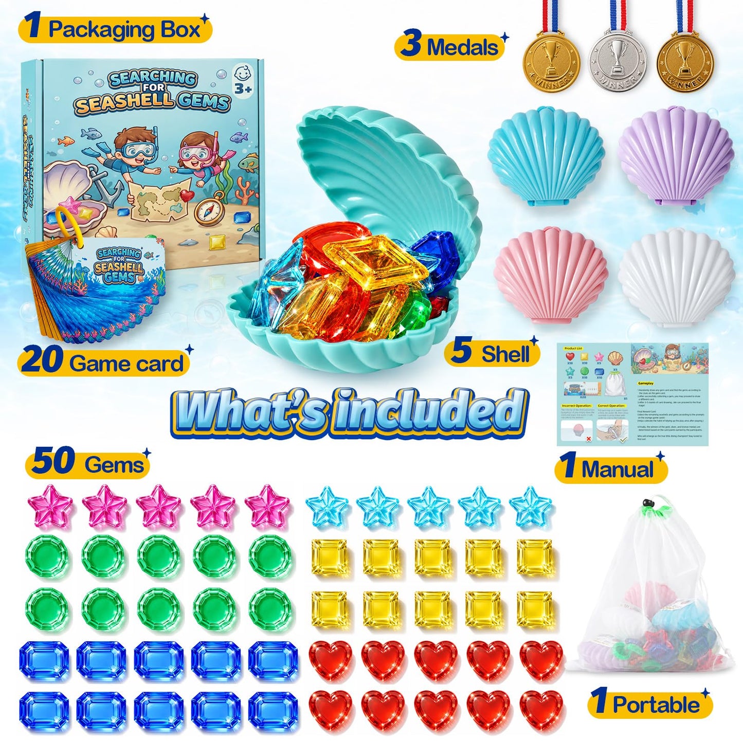 PARGAGAM Diving Pool Toys for Kids 80PCS, Bulk Underwater Gems, Seashells and Treasure Game Set with Storage Bag, Swimming Toys for Pool Party Summer