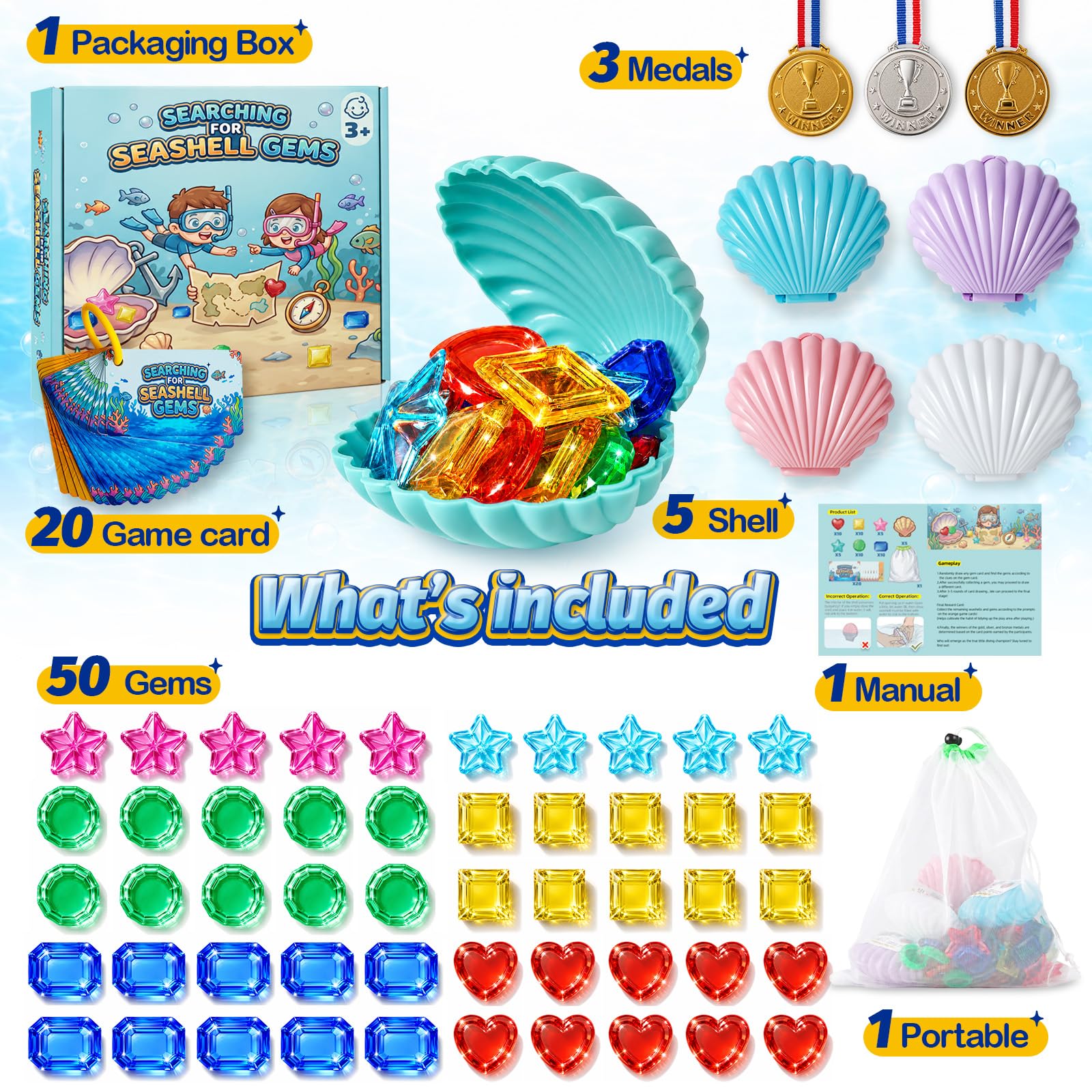 PARGAGAM Diving Pool Toys for Kids 80PCS, Bulk Underwater Gems, Seashells and Treasure Game Set with Storage Bag, Swimming Toys for Pool Party Summer
