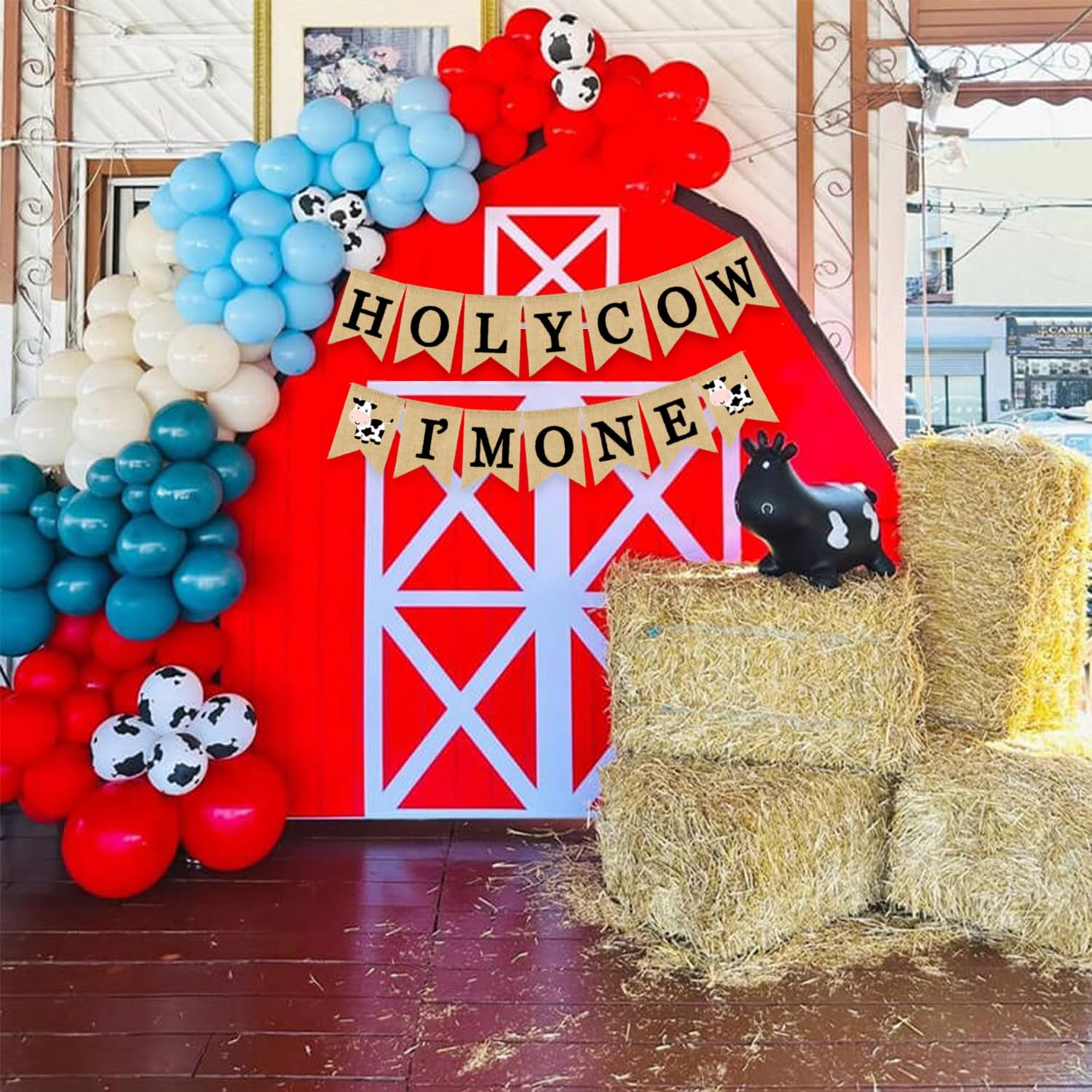 Holy Cow I'm One Banner Farm 1st Birthday Party Decoration Barnyard Burlap Garlands Western Boy Girl First Birthday Supplies Black
