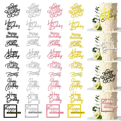 40 PCS Happy Birthday Cake Toppers Mirror Acrylic Toppers with 10 Styles 4 Colors for Birthday Party Cake Desserts Pastries