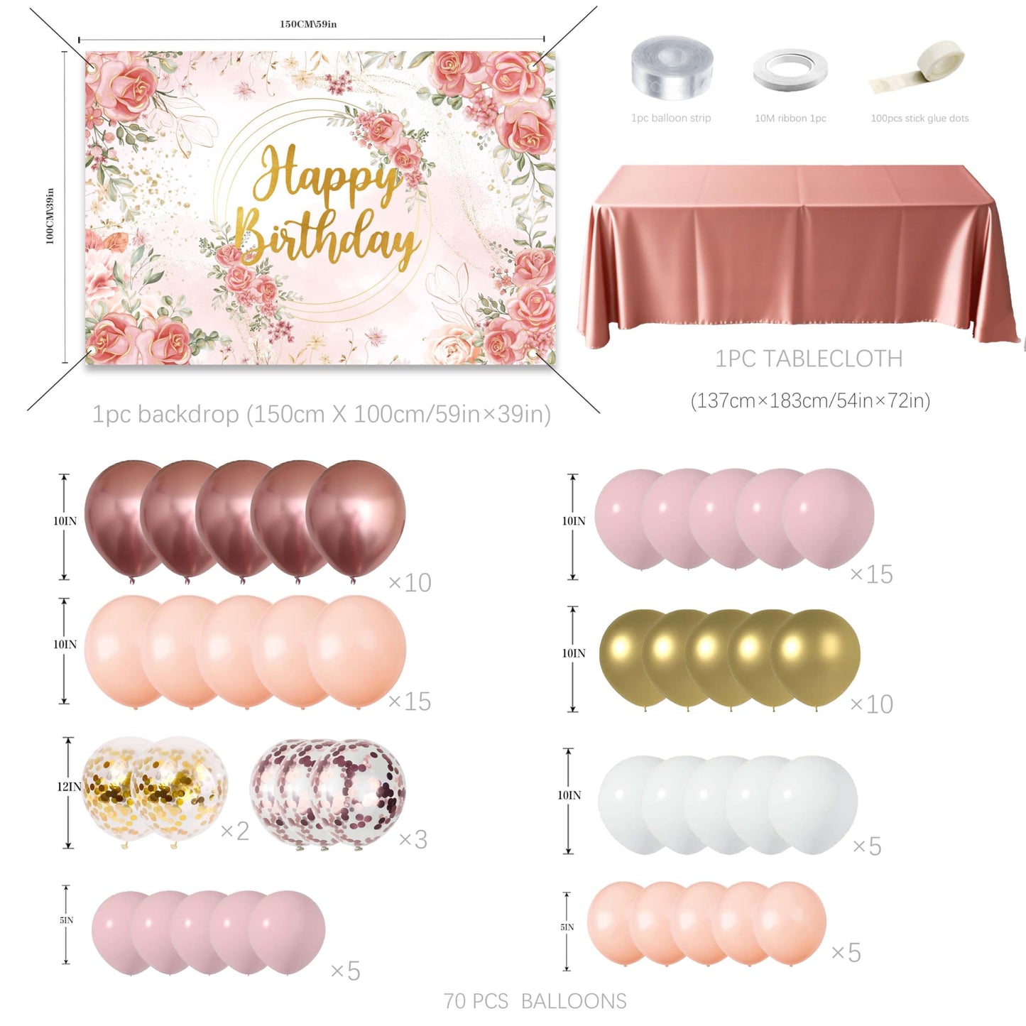 Rose Gold Floral Birthday Decorations for Women,Balloon Garland Kit, Pastel Nude Pink Metallic Matte White Balloons with Gold RoseGold Confetti
