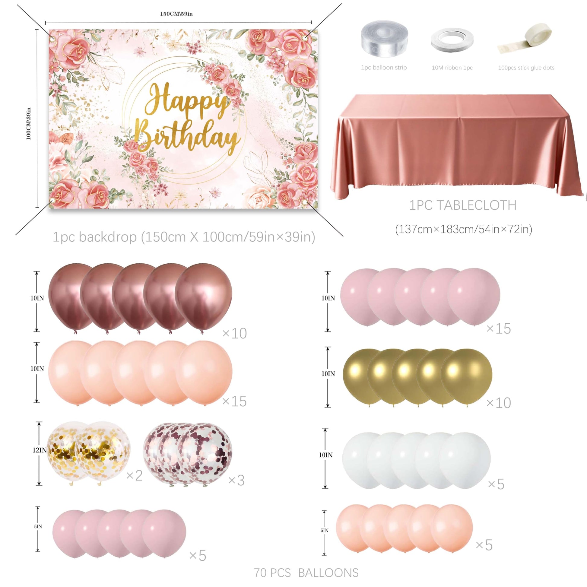 Rose Gold Floral Birthday Decorations for Women,Balloon Garland Kit, Pastel Nude Pink Metallic Matte White Balloons with Gold RoseGold Confetti
