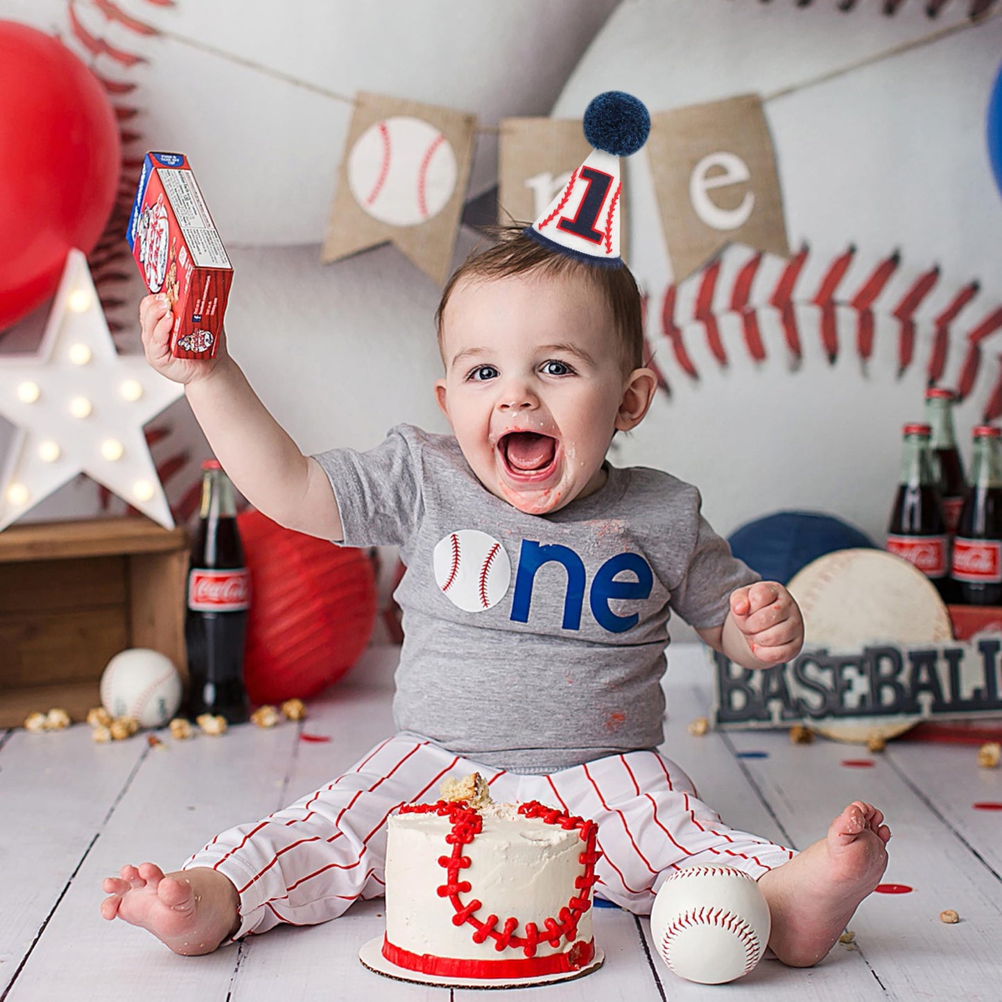 Agvgaza Baseball 1st Birthday Hat - Blue Cone Hat for Boy,Baseball Themed First Birthday Decoration, Photo Outfit One Party Theme Supplies,Sports