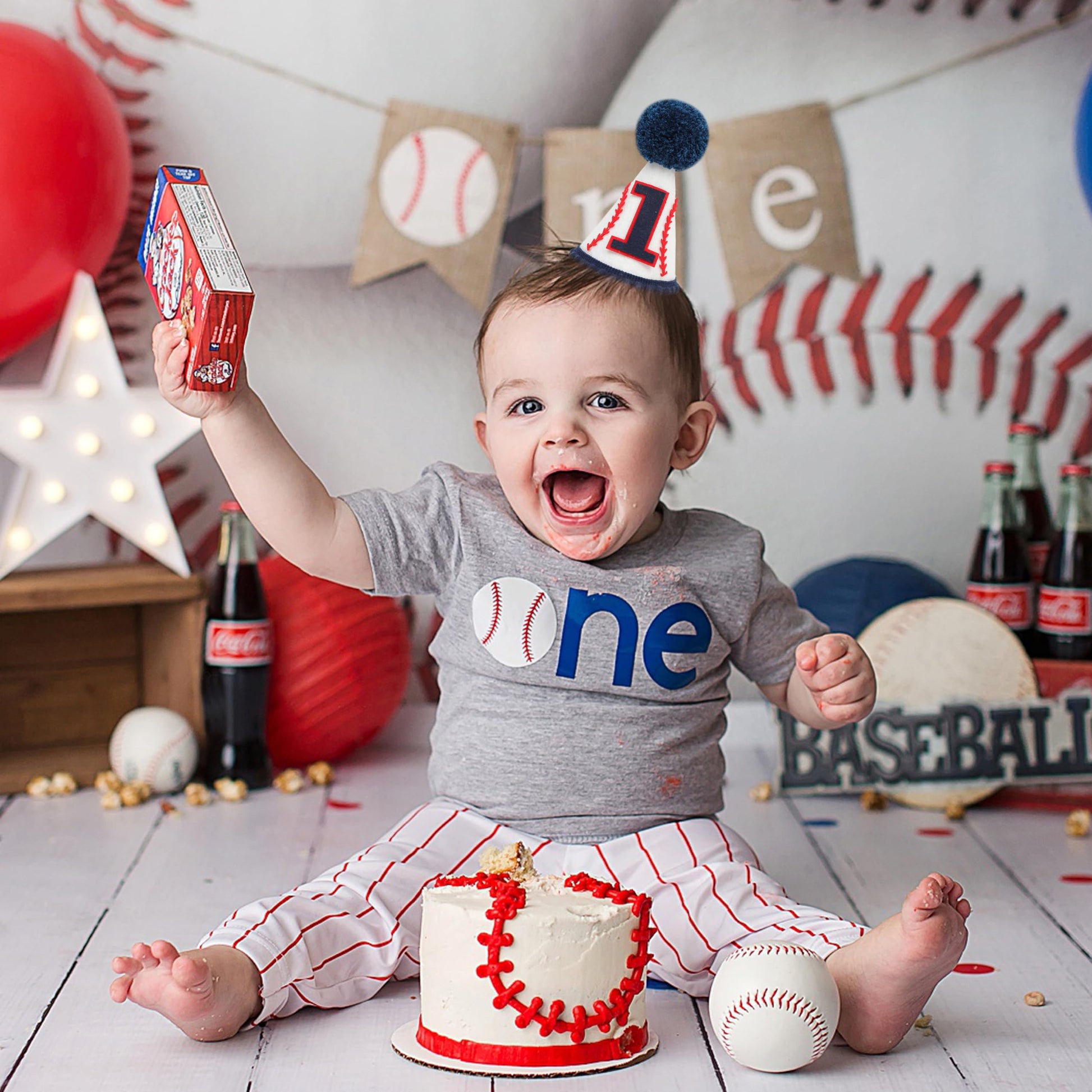 Agvgaza Baseball 1st Birthday Hat - Blue Cone Hat for Boy,Baseball Themed First Birthday Decoration, Photo Outfit One Party Theme Supplies,Sports