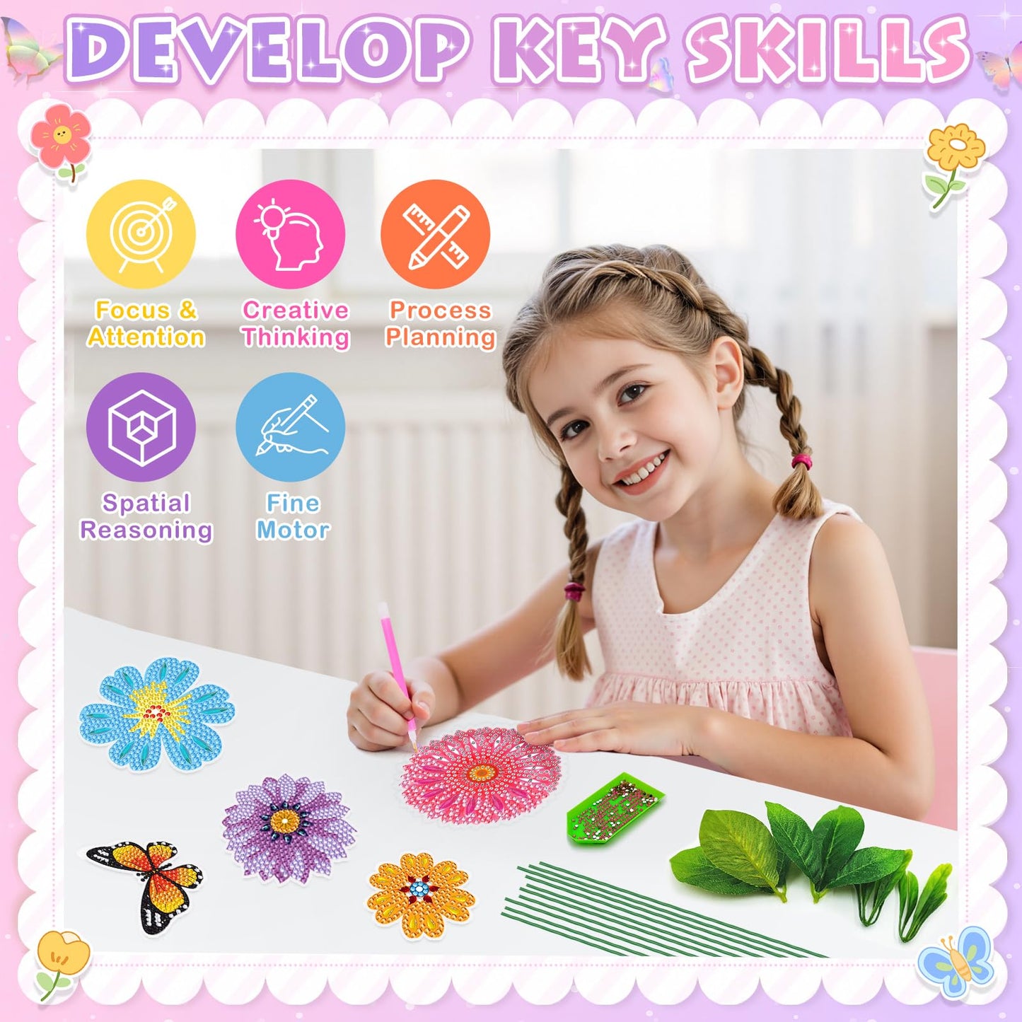 Crafts for Girls 8-12 - Make Your Own GEM Art Flower Bouquet - Arts and Crafts for Kids Ages 8-12 - Diamond Art Kits for Kids - 5D Dimond Art