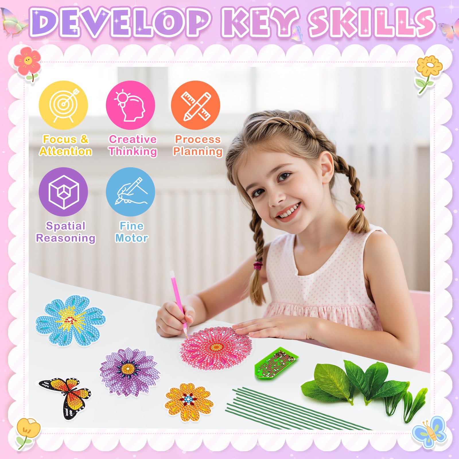 Crafts for Girls 8-12 - Make Your Own GEM Art Flower Bouquet - Arts and Crafts for Kids Ages 8-12 - Diamond Art Kits for Kids - 5D Dimond Art