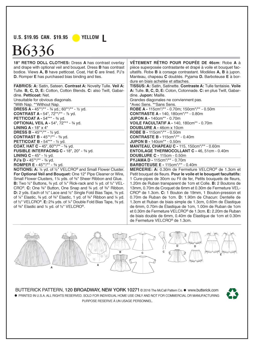 Butterick Patterns B6336 Retro Outfits for 18 Inch Doll, One Size