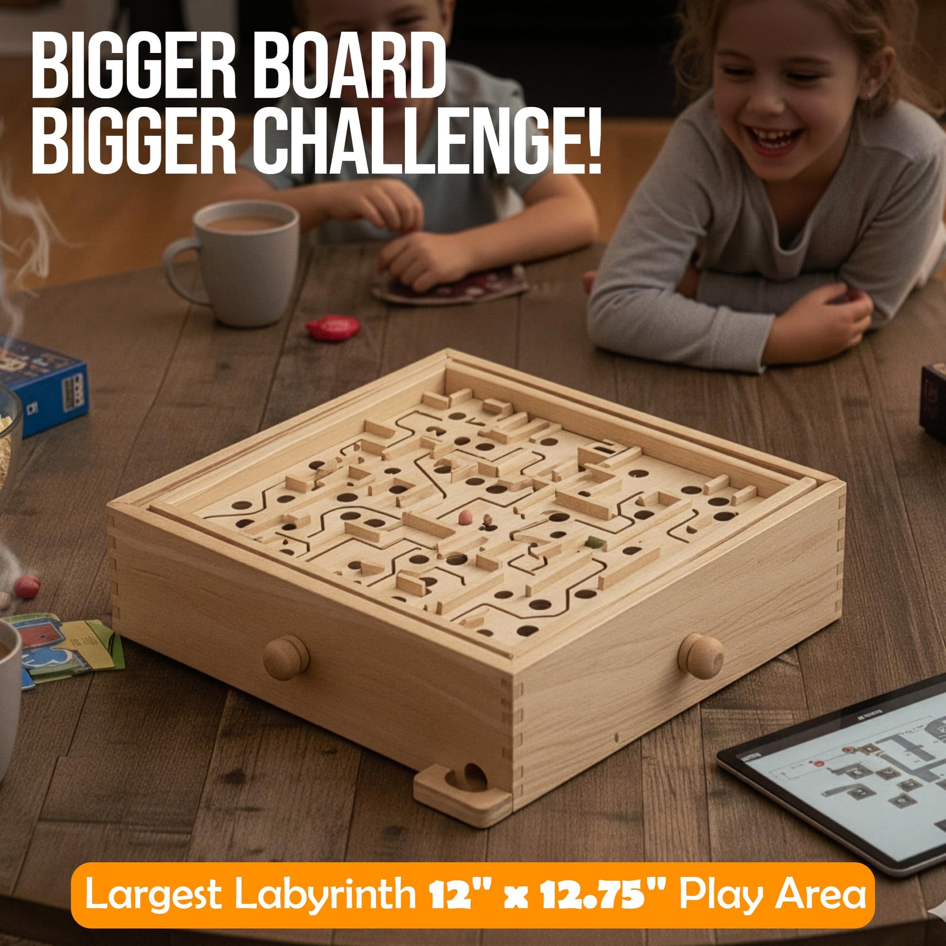 STERLING Wooden Labyrinth Marble Maze Game, Large 12.75" x 11.5" Tilt Maze Game Board with 60 Waypoints and Marble Balls Included, for Kids and Adults
