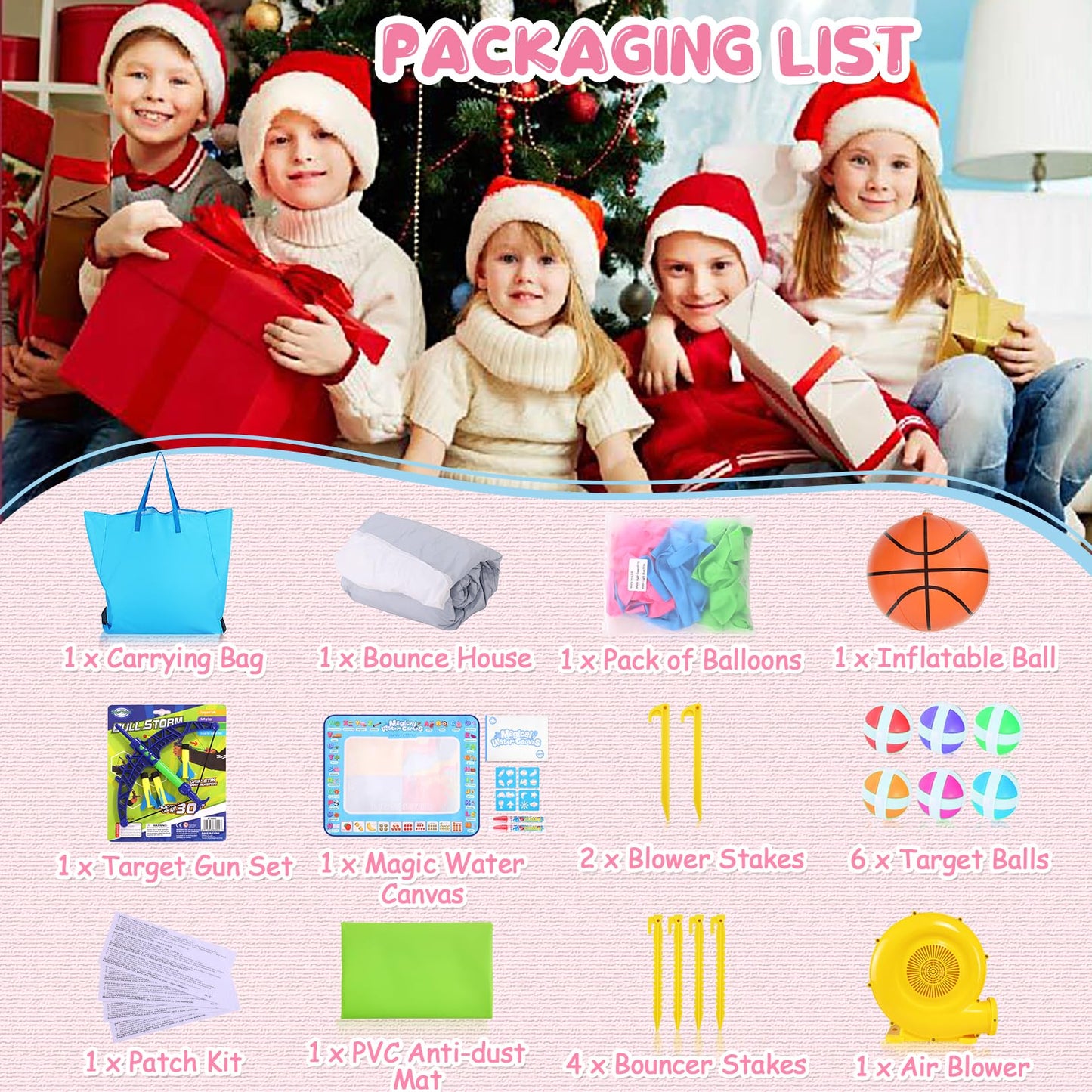 White Inflatable Bounce House for Kids, Blow Up Backyard Bouncy Castle with Slide, Water Doodle Mat, Basketball Hoop, Target & Balloons (White Bounce