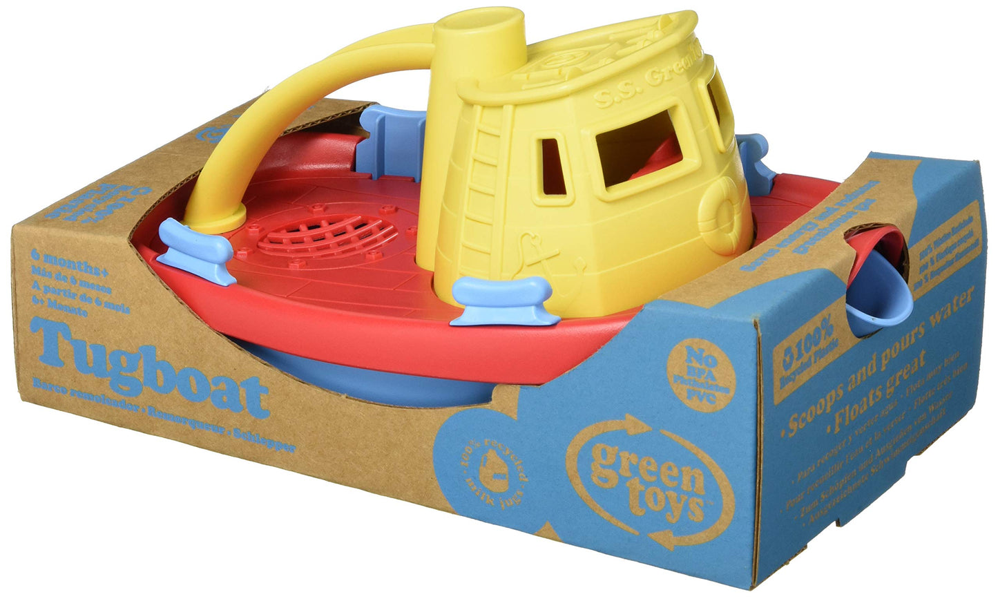 Green Toys Tugboat, Assorted CB - Pretend Play, Motor Skills, Kids Bath Toy Floating Pouring Vehicle. No BPA, phthalates, PVC. Dishwasher Safe