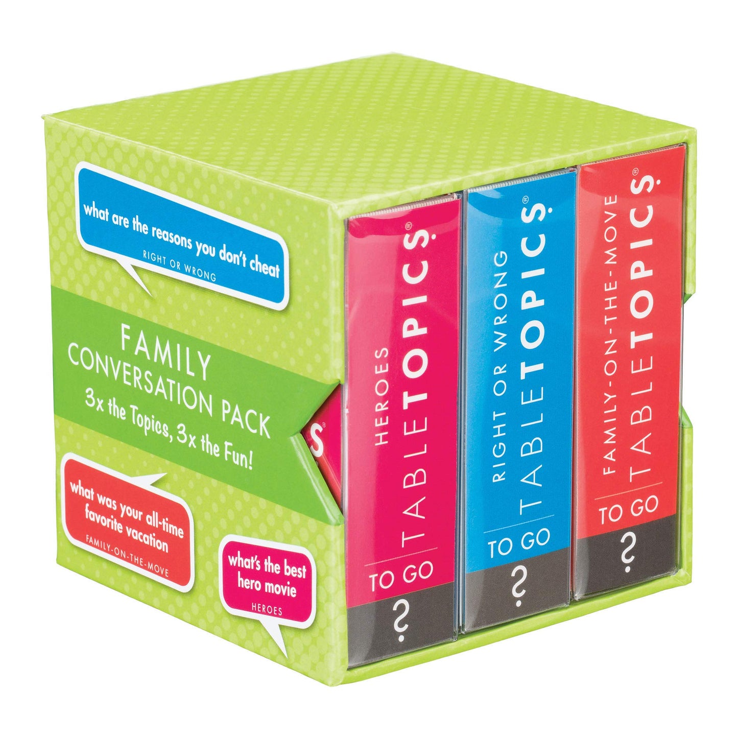 TableTopics Family Conversation Pack for Parent Child Connection, 120 Engaging Question Cards for Dinnertime, Car Rides, & Classrooms, Boxed Set of 3