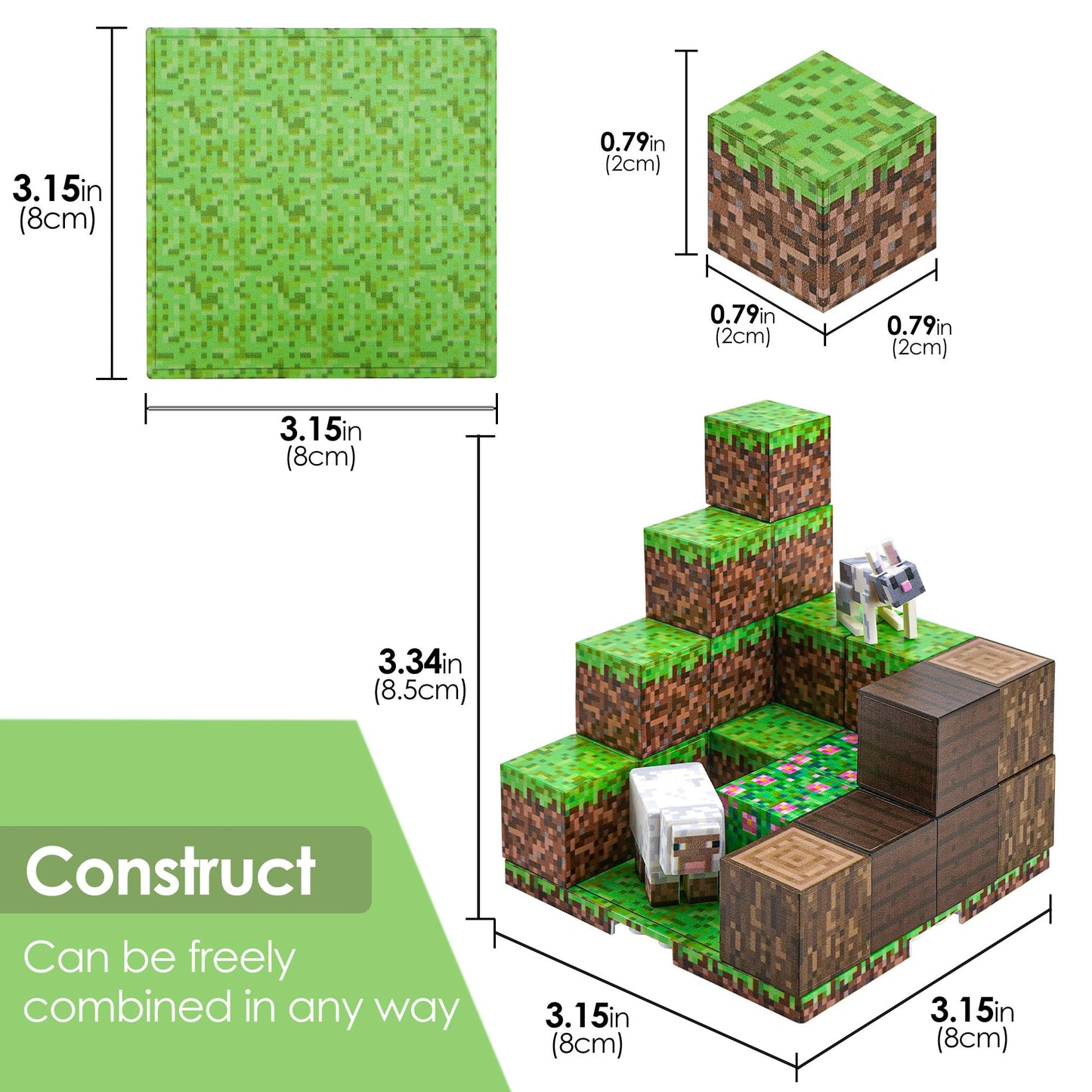 TOCCOOL Magnetic Building Block Set, Pixelated Grass Building Block Assembly Kit, Including Sheep and Rabbit Accessories, Can be Used for Creative DIY