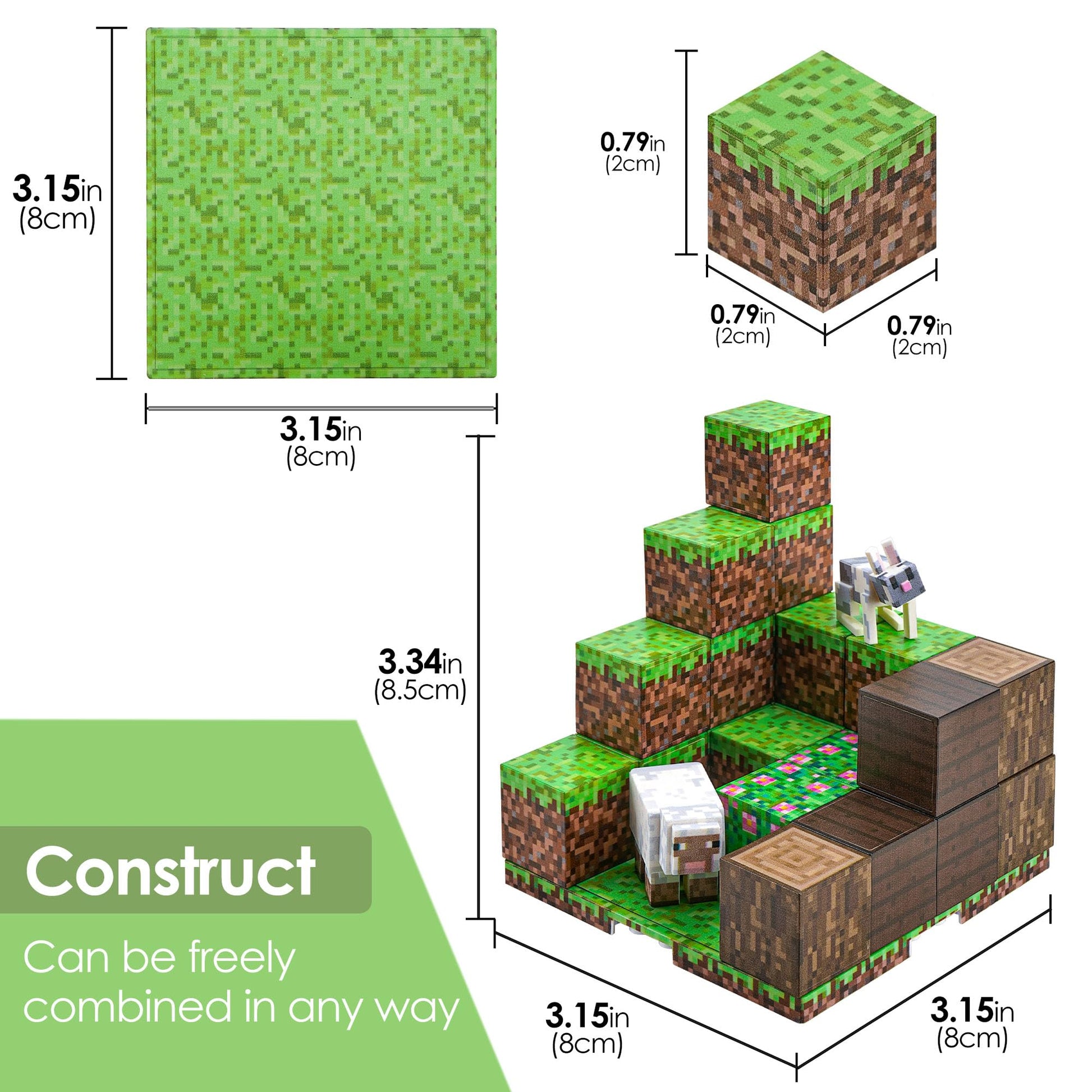 TOCCOOL Magnetic Building Block Set, Pixelated Grass Building Block Assembly Kit, Including Sheep and Rabbit Accessories, Can be Used for Creative DIY