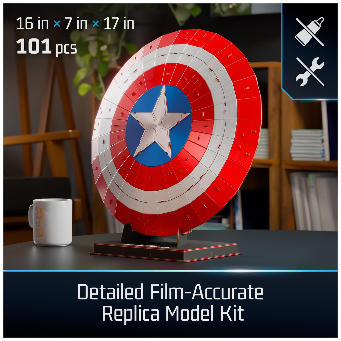 4D Build, Marvel Captain America Shield 3D Model Kit with Stand, Marvel Collectibles & Desk Décor, Adult Puzzle, Building Toys, 3D Puzzles for Adults