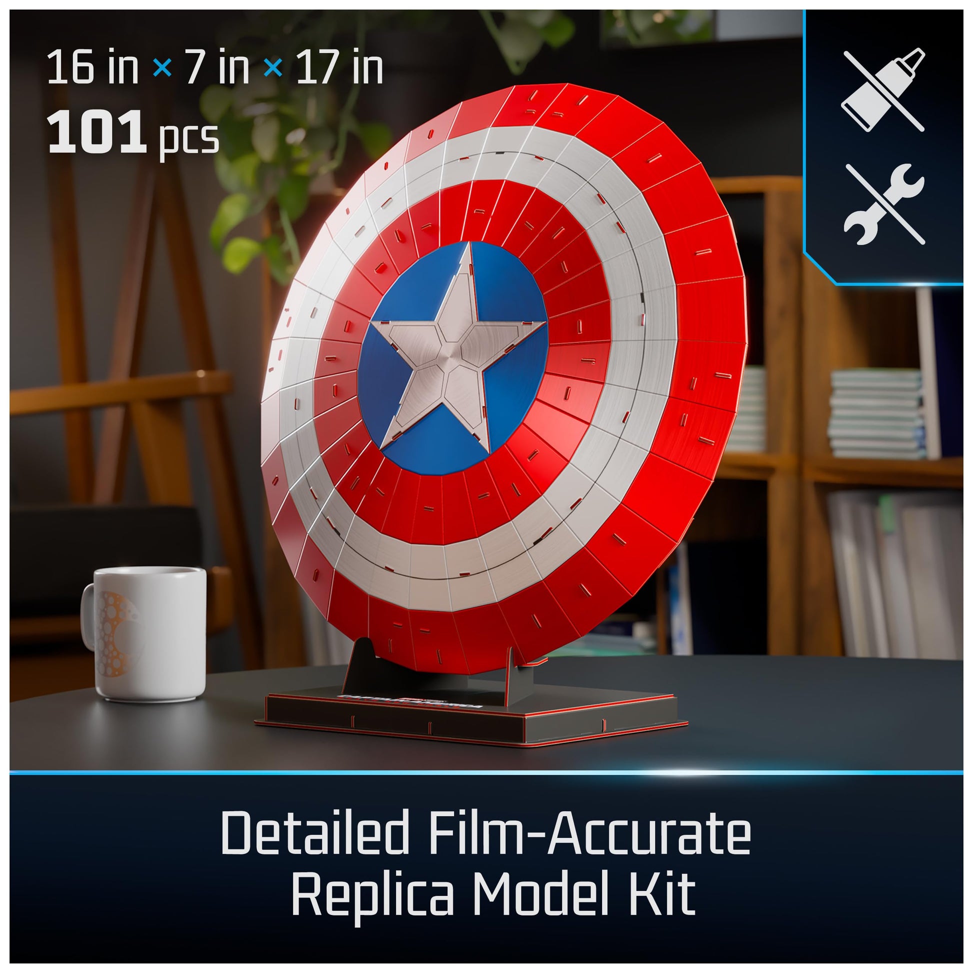 4D Build, Marvel Captain America Shield 3D Model Kit with Stand, Marvel Collectibles & Desk Décor, Adult Puzzle, Building Toys, 3D Puzzles for Adults