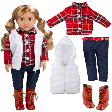 Fall & Winter Hiking Outfit for 18-Inch Dolls - 4-Piece Adventure Set Includes Puffy Vest, Long Sleeve Flannel Shirt, Leggings, and Hiking Boots