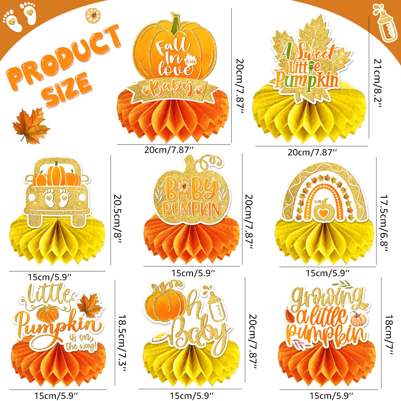 8 PCS Little Pumpkin Baby Shower Decorations Honeycomb Centerpieces Fall Theme Baby Shower Table Decorations Pumpkin Birthday Party Table Toppers
