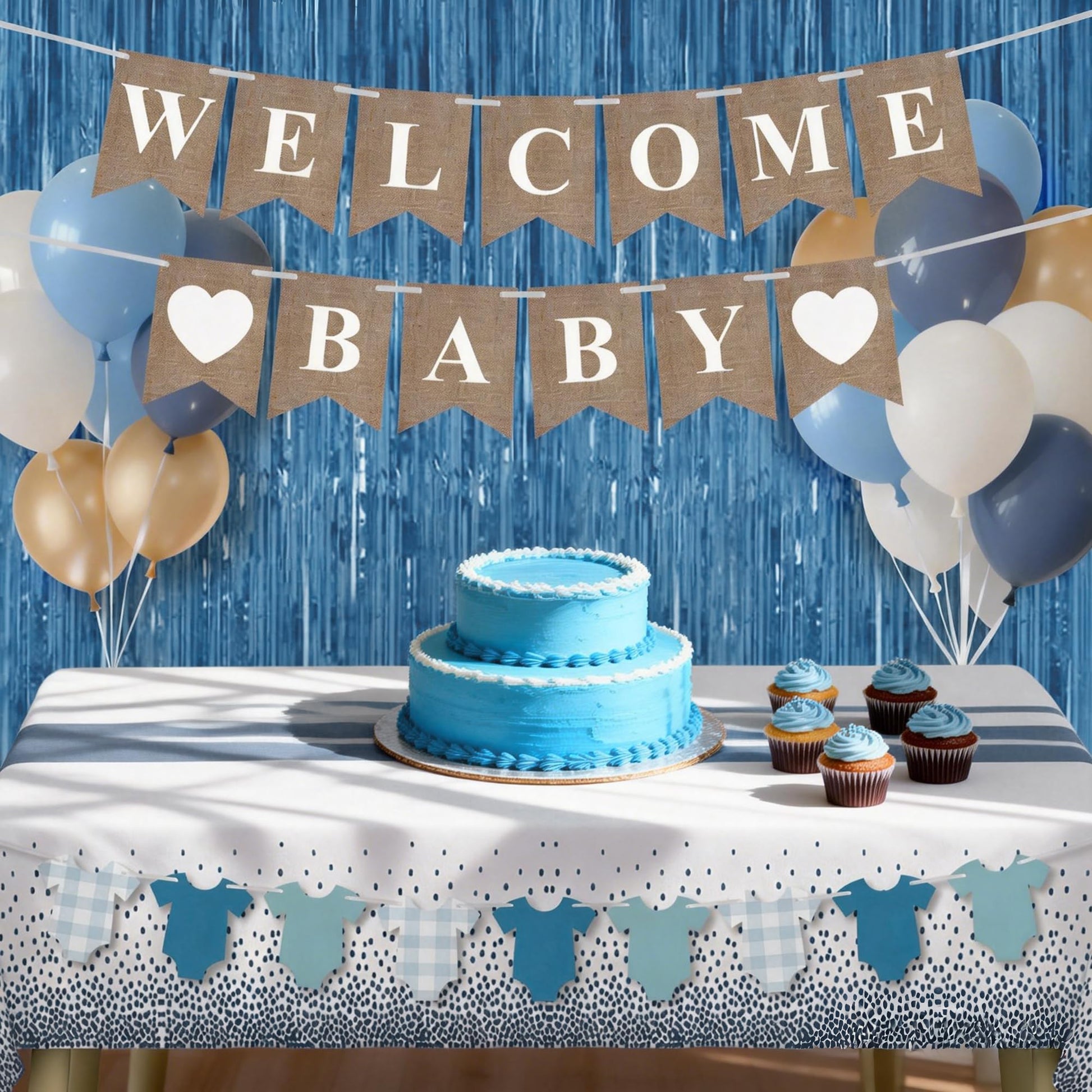 18PCS Dusty Blue Baby Shower Decorations with Banner Clothes Banner Tablecloth Decor Set
