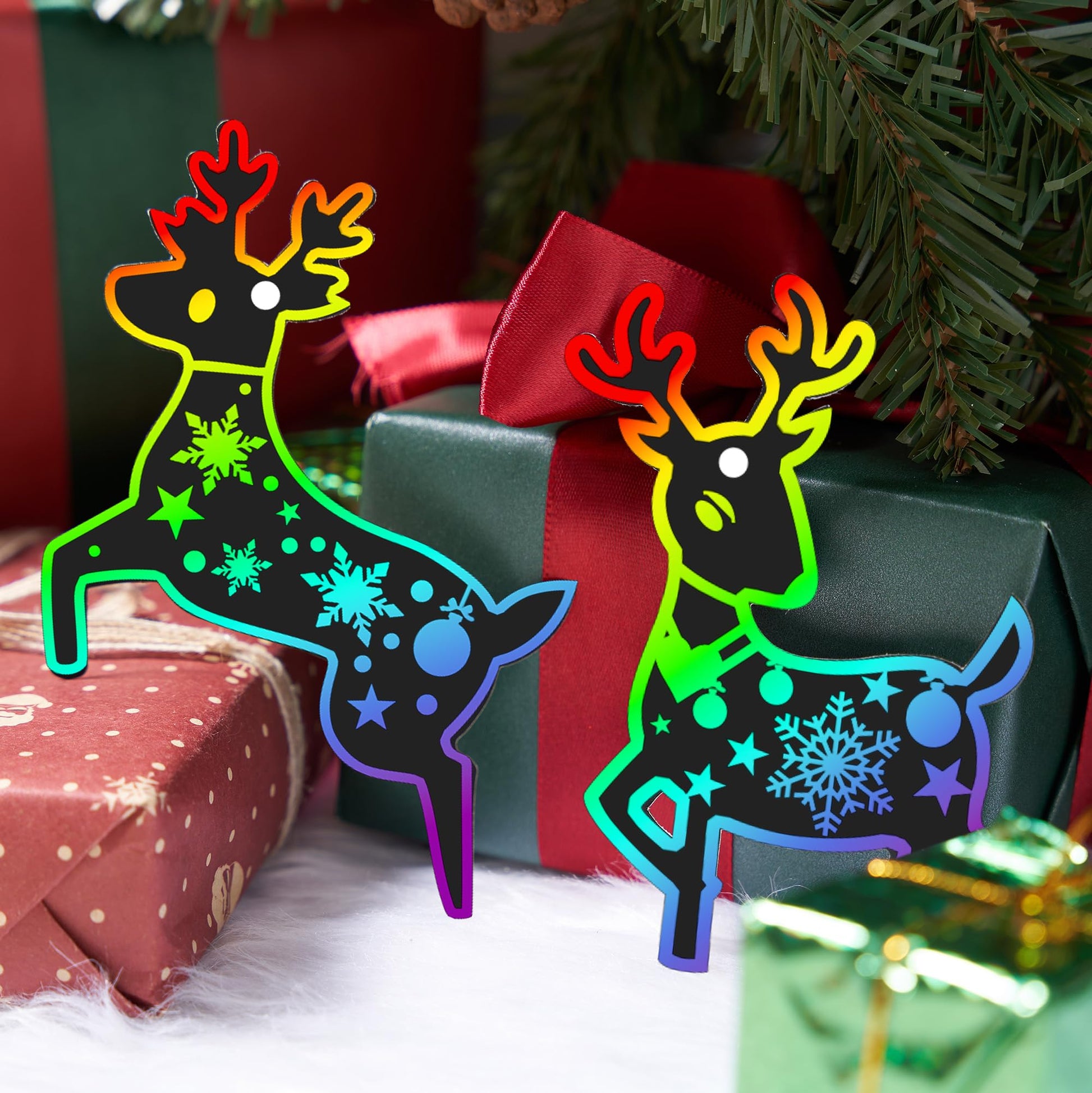 JOYIN 72 Pcs Christmas Scratch Art Ornaments, Scratch Paper Craft Kit Include Snowman, Snowflakes, Christmas Tree, and Reindeer, Rainbow Color Scratch