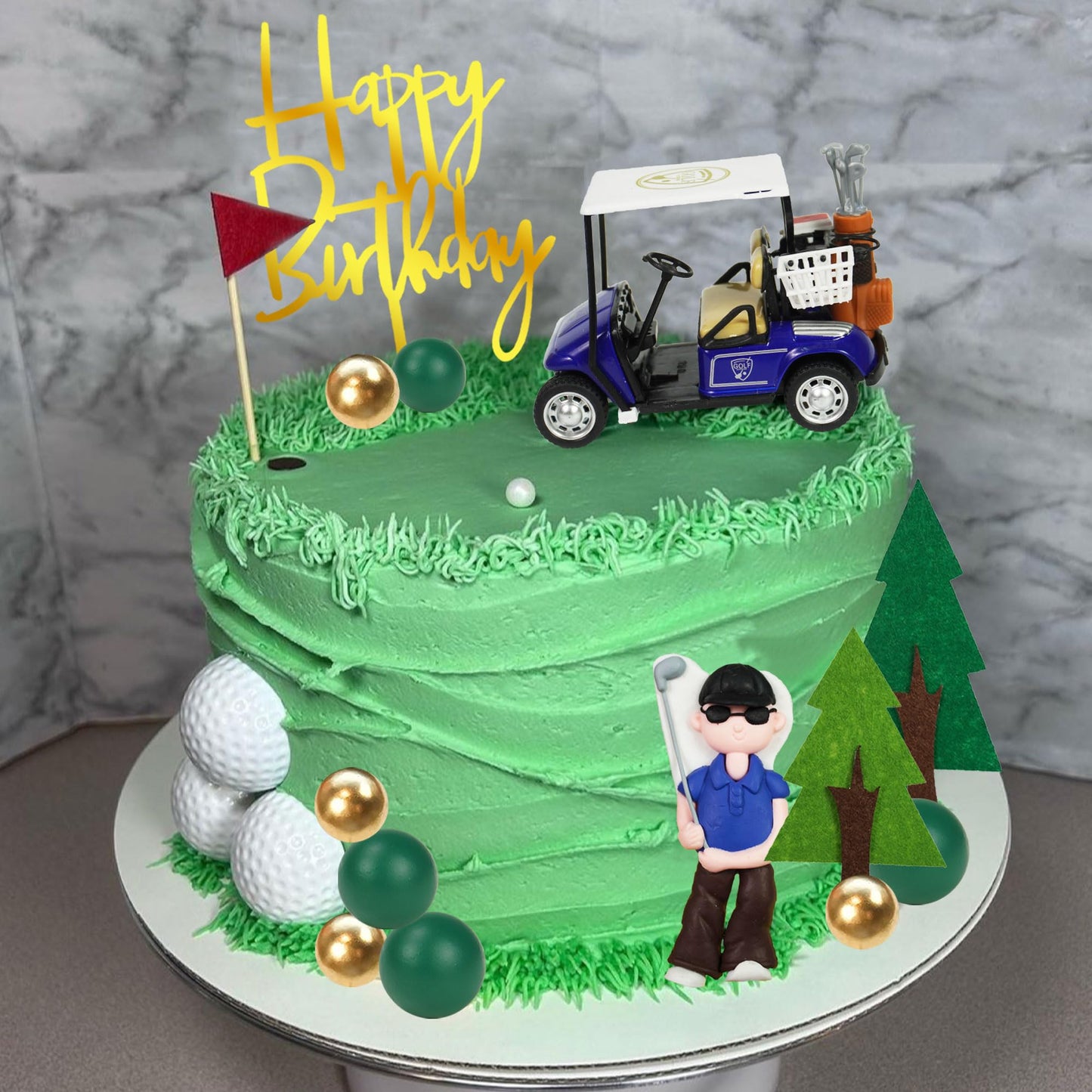 Golf Cake Toppers Golf Carts Clay Golf Figurine Cake Decorations with Green Gold Balls Red Flag Trees for Golf Sport Theme Birthday Supplies (01)