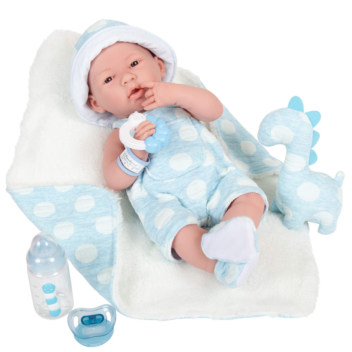 JC Toys La Newborn All-Vinyl-Anatomically Correct Real Boy 15" Baby Doll in Blue and Deluxe Accessories, Designed by Berenguer., Blue - Dots,