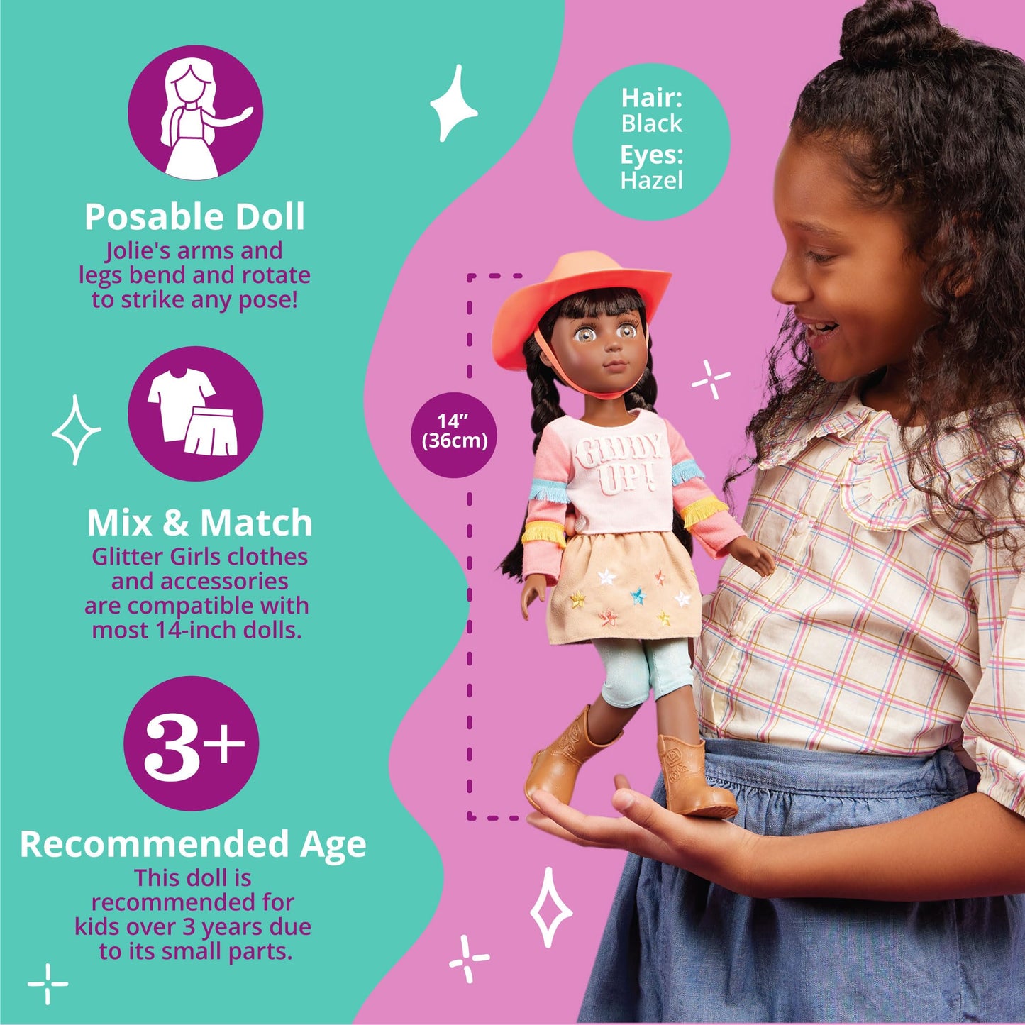 Glitter Girls - Jolie14-inch Poseable Equestrian Doll - Brown Hair & Green Eyes - Horseback Riding Outfit, Cowgirl Hat, and Boots - Toys, Clothes, and