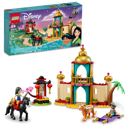 LEGO Disney Princess Jasmine and Mulan Adventure 43208 Palace Set, Aladdin & Mulan Buildable Toy with Horse and Tiger Figures, Gifts for Kids, Girls