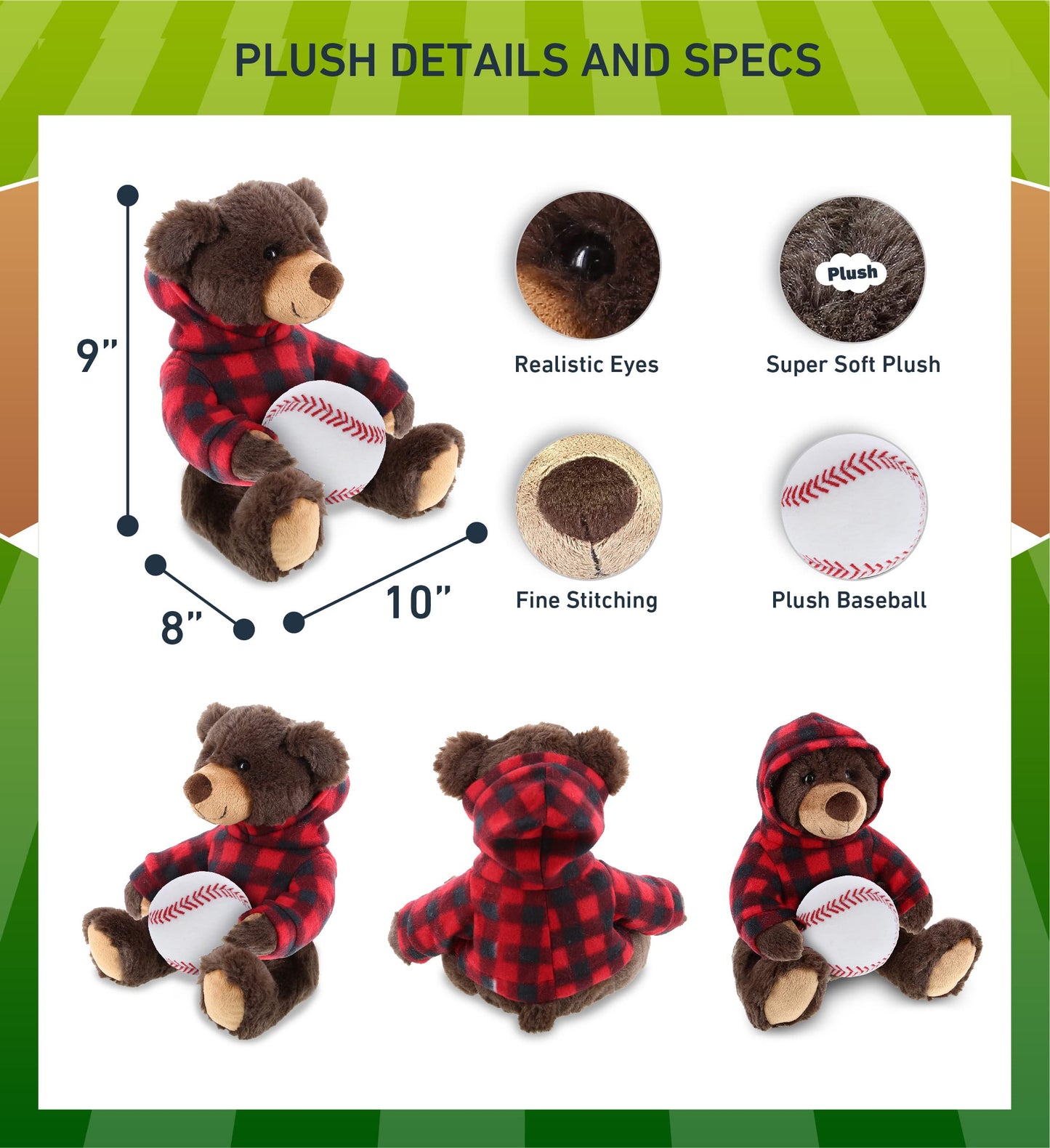 DolliBu Brown Bear Stuffed Animal with Baseball Plush - Soft Huggable Grizzly Bear, Adorable Playtime Teddy Bear Plush Toy, Cute Wild Life Sports Gift