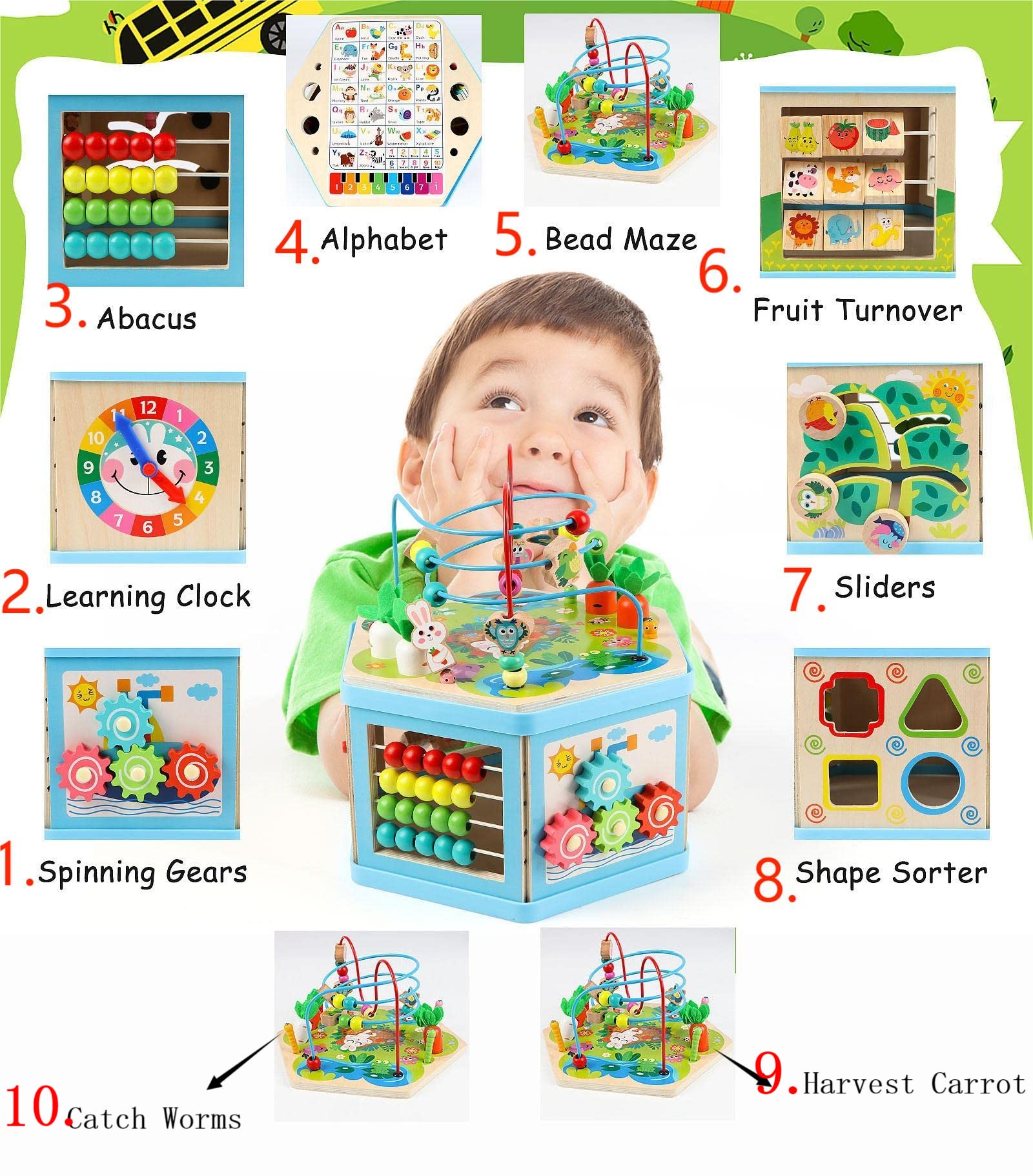 Vomocent Wooden Activity Cube for 1 Year Old Kids, Educational Learning Bead Maze for Toddler Age 1-3, Developmental Montessori Toys for 12-36 Months