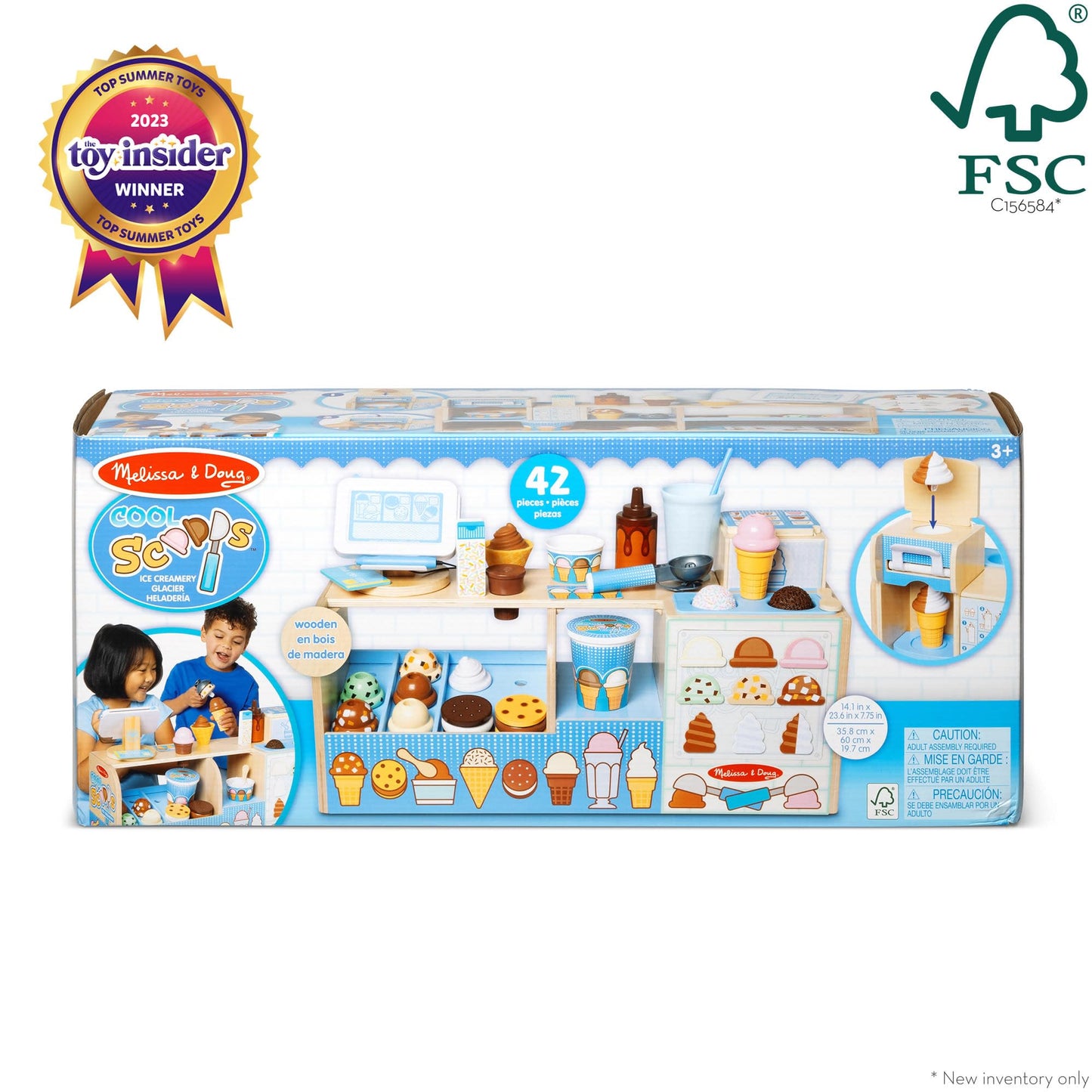 Melissa & Doug Cool Scoops Ice Creamery, Wooden Ice Cream Shop & Counter with Play Food & Play Kitchen Accessories, Preschool Learning Toys for Girls