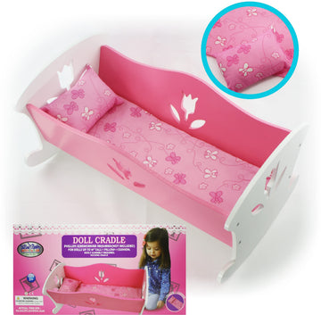 Matty's Toy Stop 18 Inch Doll Furniture Wooden Doll Rocking Cradle (Crib) with Pink Pillow & Cushion - (18" Pink/White Floral) Fits American Girl