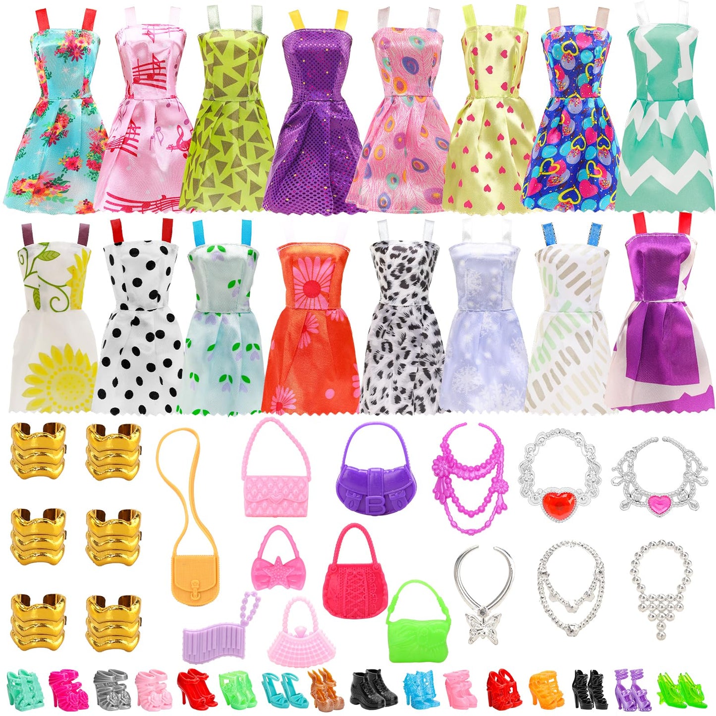 BARWA 53 pcs Doll Clothes and Accessories 10 pcs Party Dresses with 42 pcs Shoes, Crown, Necklace, Hangers, Bags, Accessories for 11.5 inch Doll