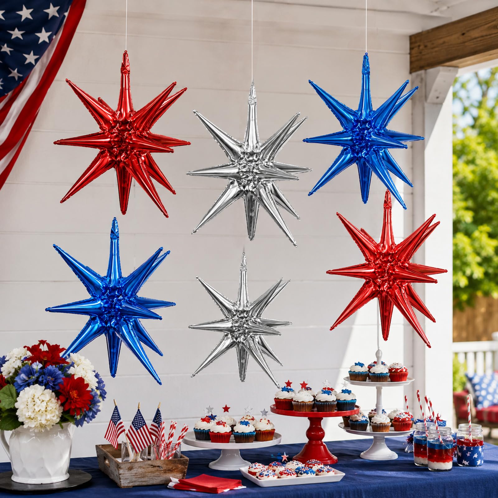 6 Pieces 27 Inches Red White Blue Star Explosion Balloons, Large 14-Pointed One-Piece Cone Stars Fireworks Aluminum Foil Balloons for 4th of July