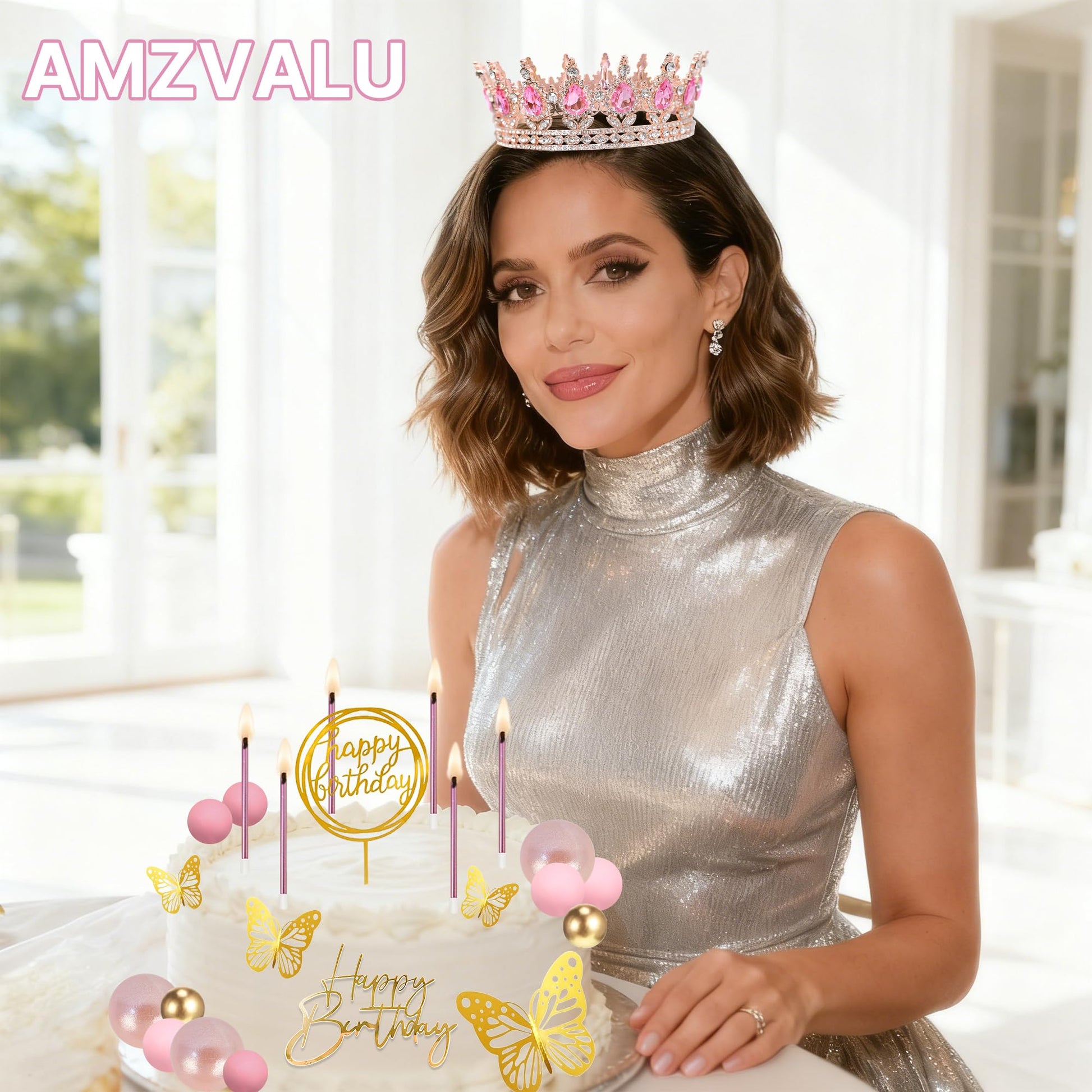 AMZVALU Corona Para Pastel, Crown Cake Topper, 3 Happy Birthday Cake Toppers, Balls Candles Butterflies Cake Decorations, Birthday Crown for Women